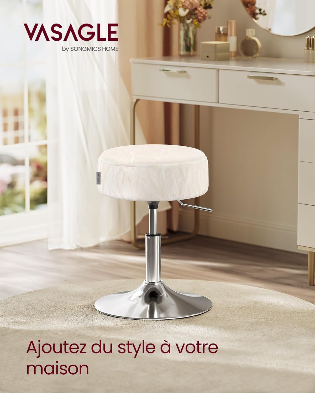 VASAGLE - tabouret réglable PU, blanc crème, coussin épais, 360°, LJB120W01
