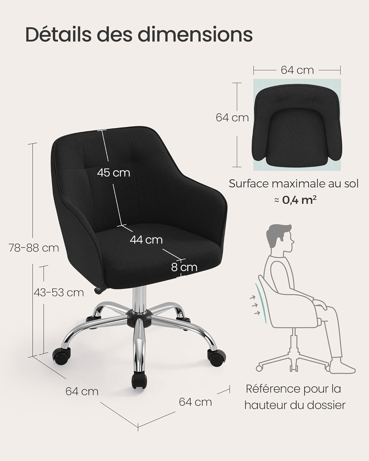 SONGMICS - fauteuil ergonomique, tissu coton-lin, cadre acier, réglable, 110kg, 119x61x54cm, OBG019B01