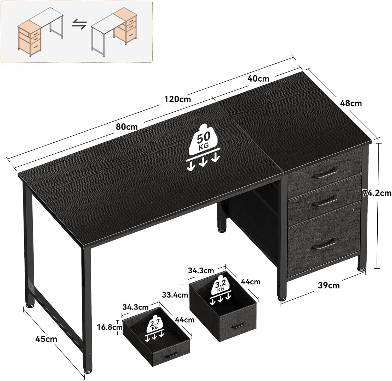 Coleshome - Bureau 120x48cm - 3 tiroirs tissu, porte-casque, réversible
