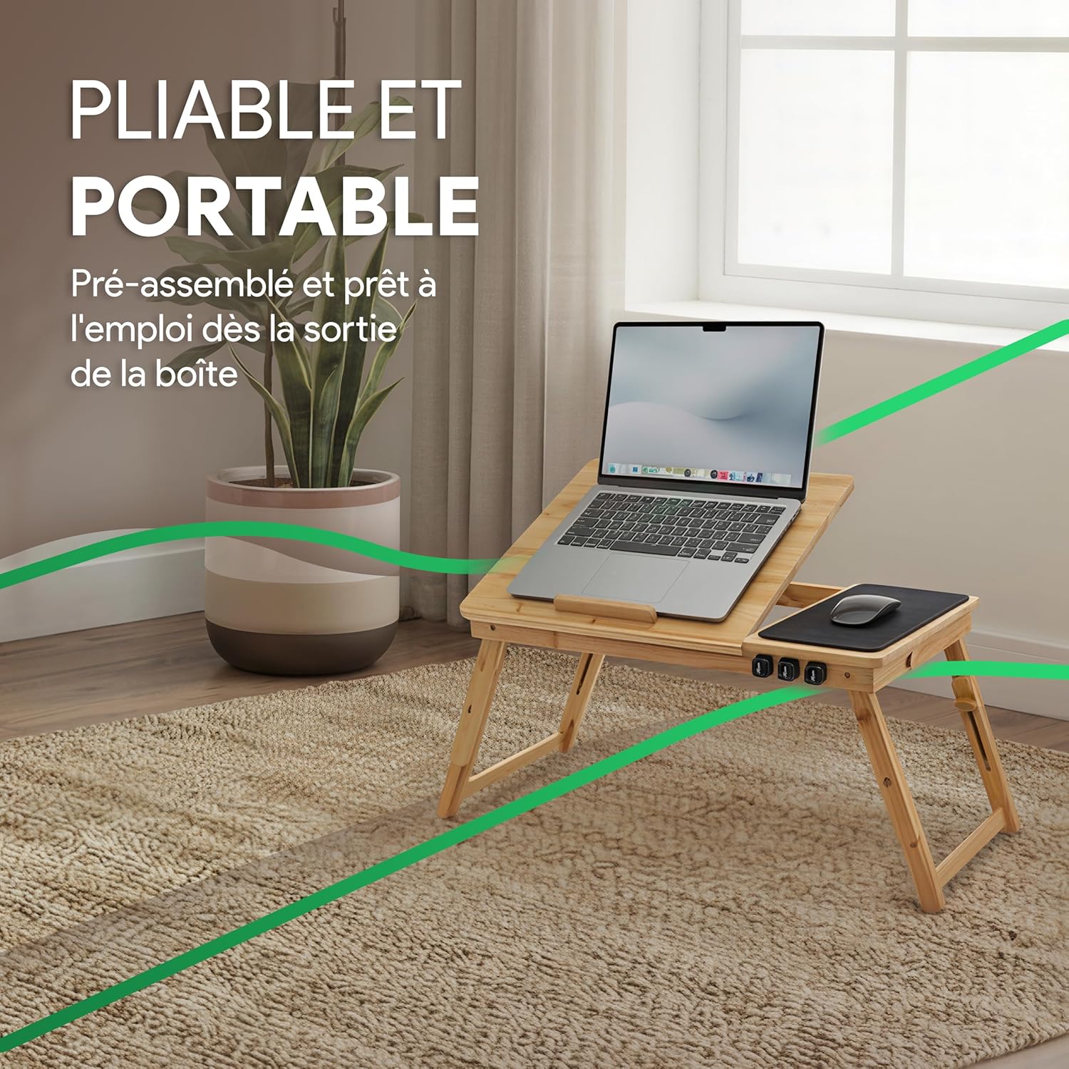 Table de lit en bambou – réglable, avec tiroir, tapis souris, 60x34cm, organisateur câbles