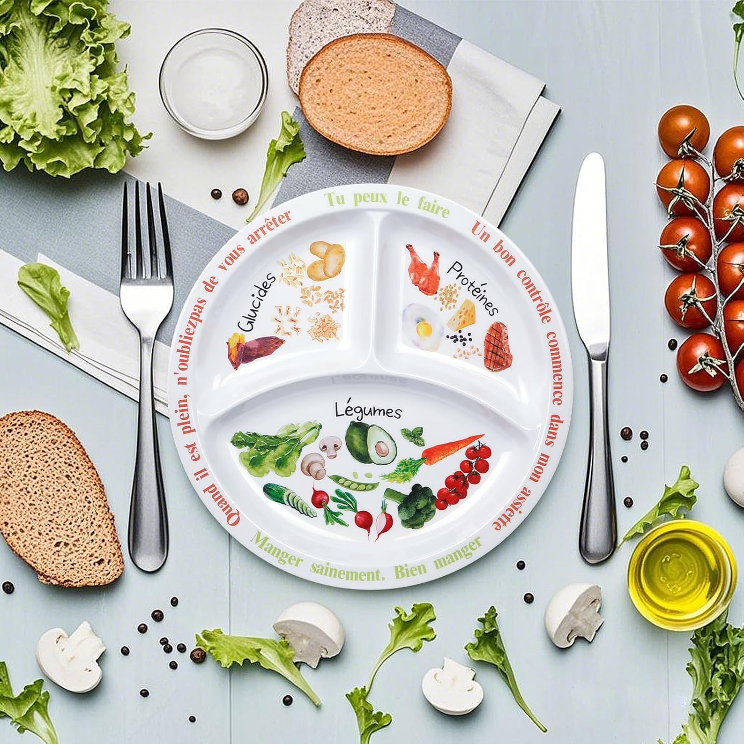 Assiette de contrôle des portions - mélamine - pour adultes/adolescents - partitions équilibrées, perte de poids, texte 