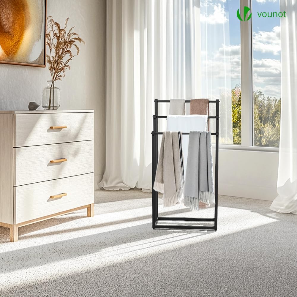 VOUNOT - Porte-serviettes sur pied, 3 niveaux, métal, noir, rangement stable