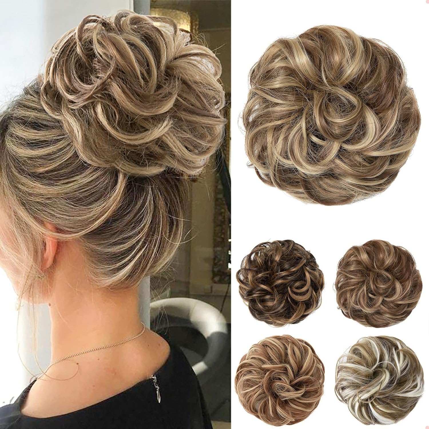 JJstar - chignon postiche bouclé, élastique, cheveux naturels, brun/blond