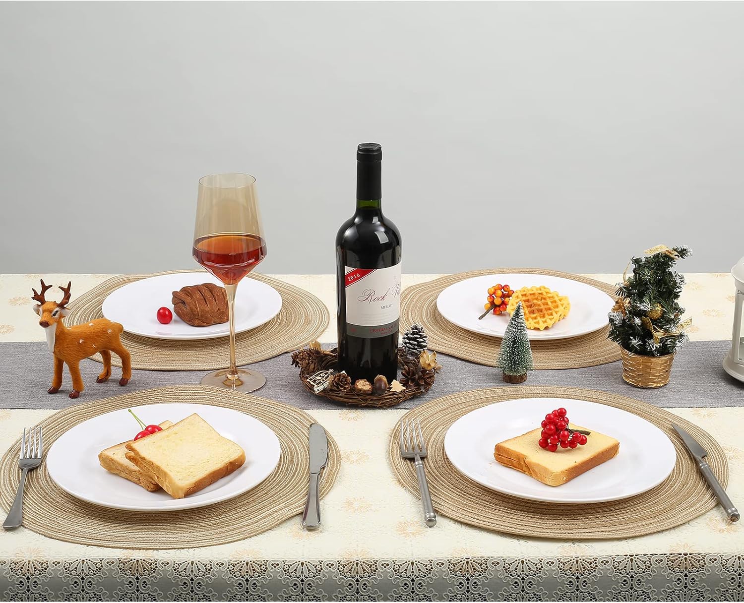 Sets de table ronds - PP tressé, 36cm - lot de 6, lavables, couleur café