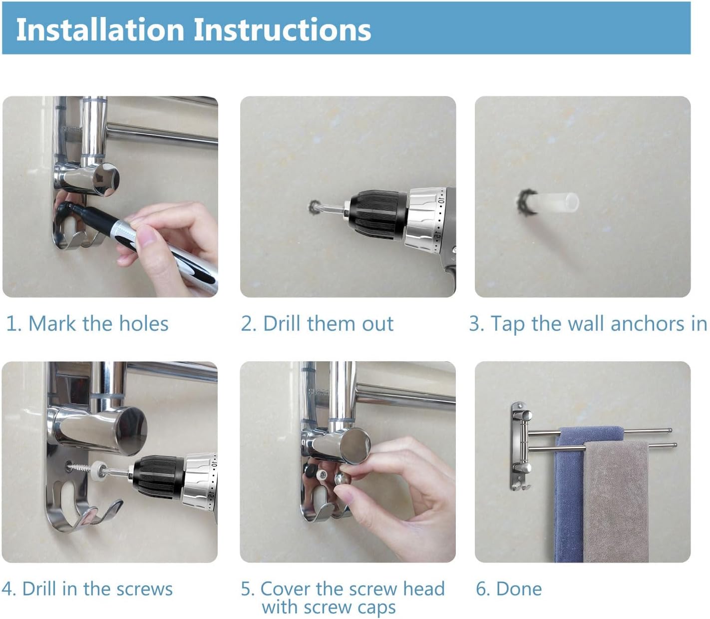 JSVER - porte-serviette mural rotatif - 40cm - inox, double barre pivotante