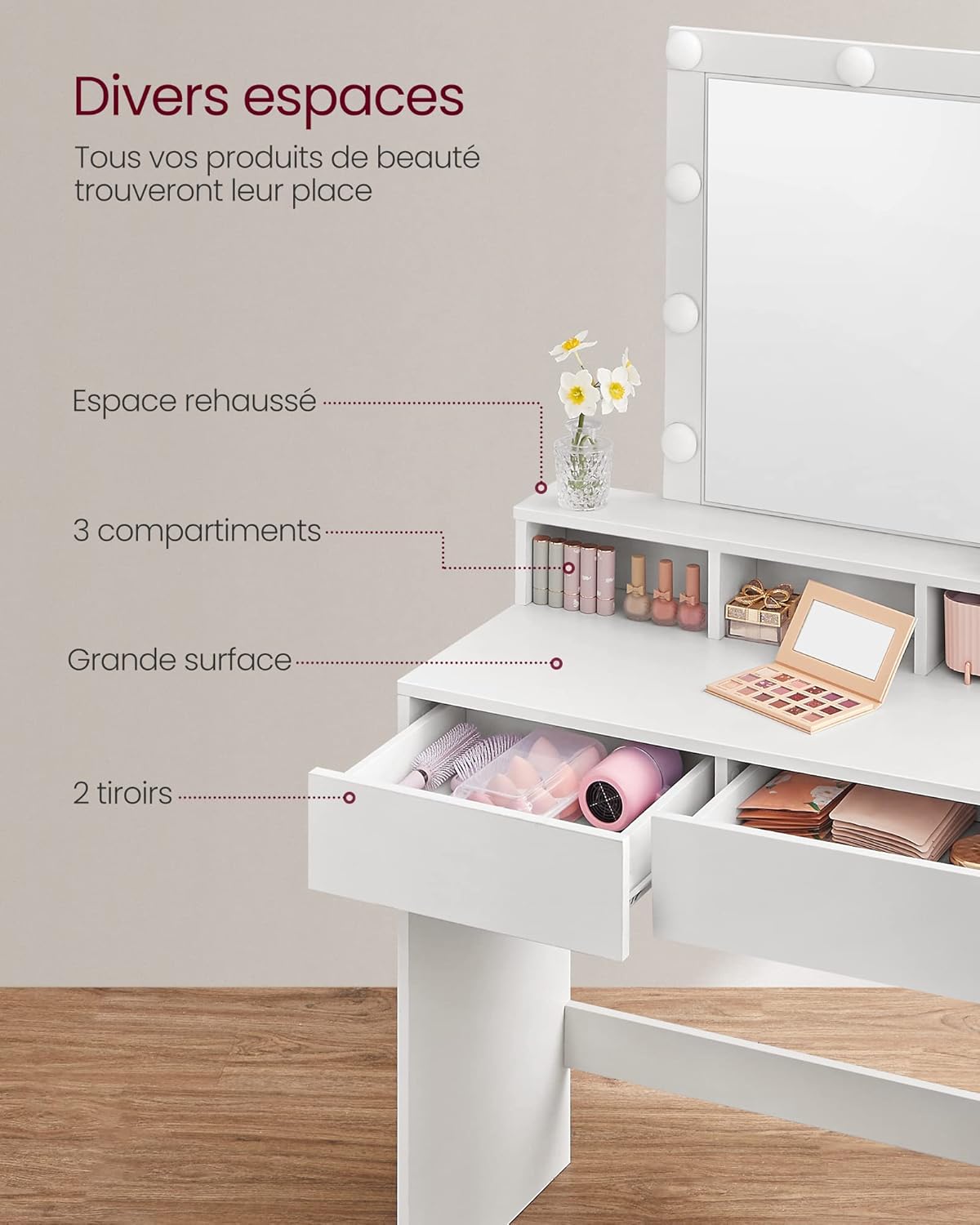 VASAGLE - Kailyn Collection - 80 cm - Coiffeuse miroir lumière, tabouret, rangements, RDT714W01