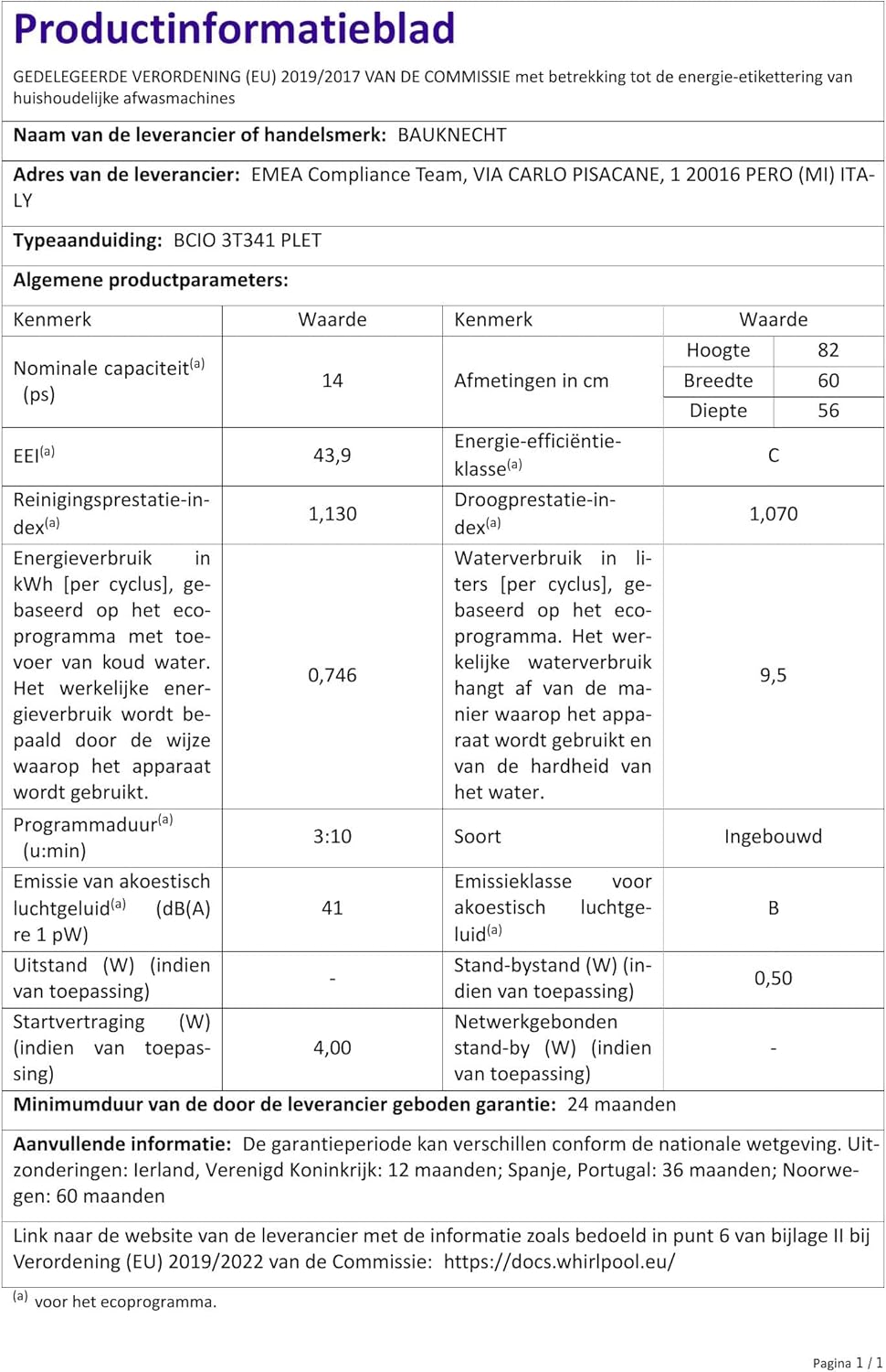 Bauknecht - lave-vaisselle intégrable 60cm, 14 couverts, PowerClean, ActiveDry, BCIO 3T341 PLET
