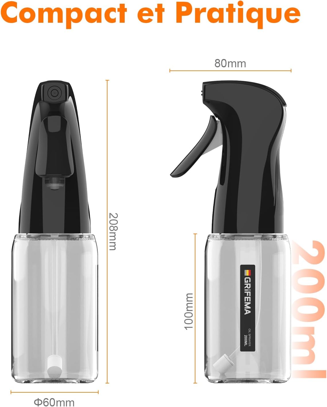 GRIFEMA - GE2003B - 200ml - pulvérisateur réglable en verre, nettoyage facile