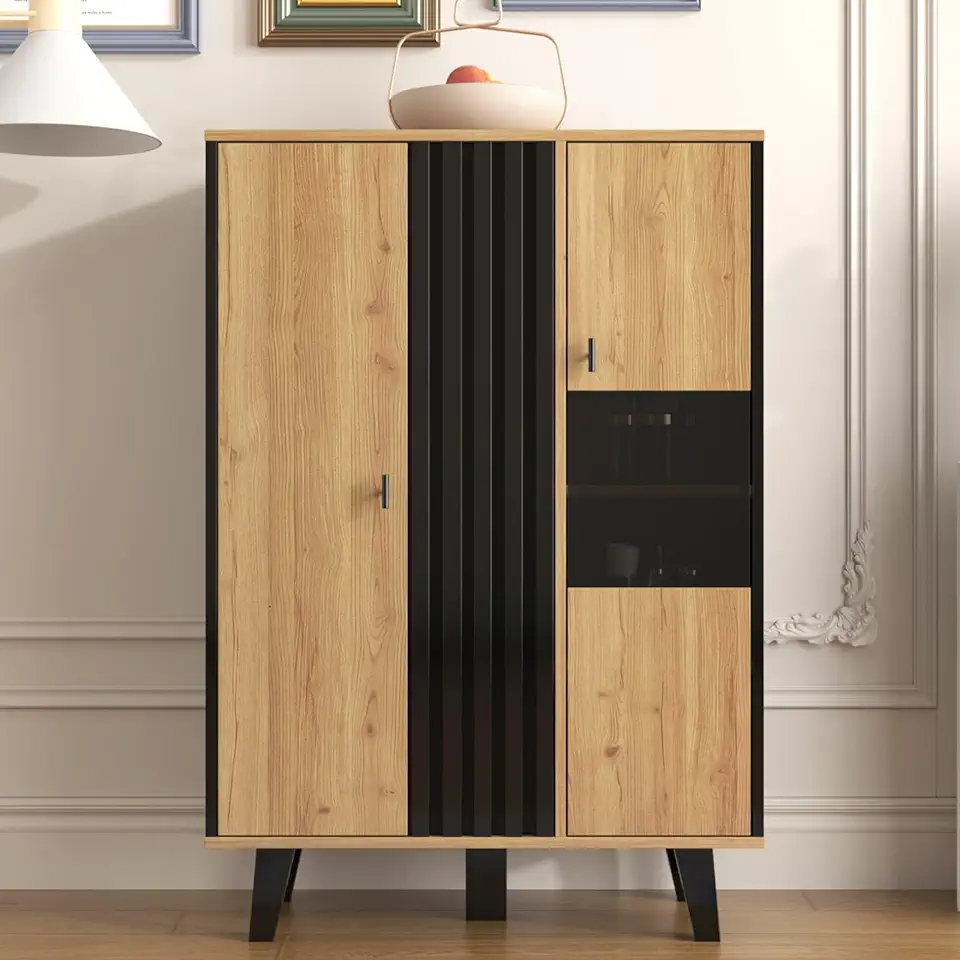 KOMHTOM - buffet bois noir/vitrine LED, 140x78x41 cm, 6 compartiments KOMHTOM