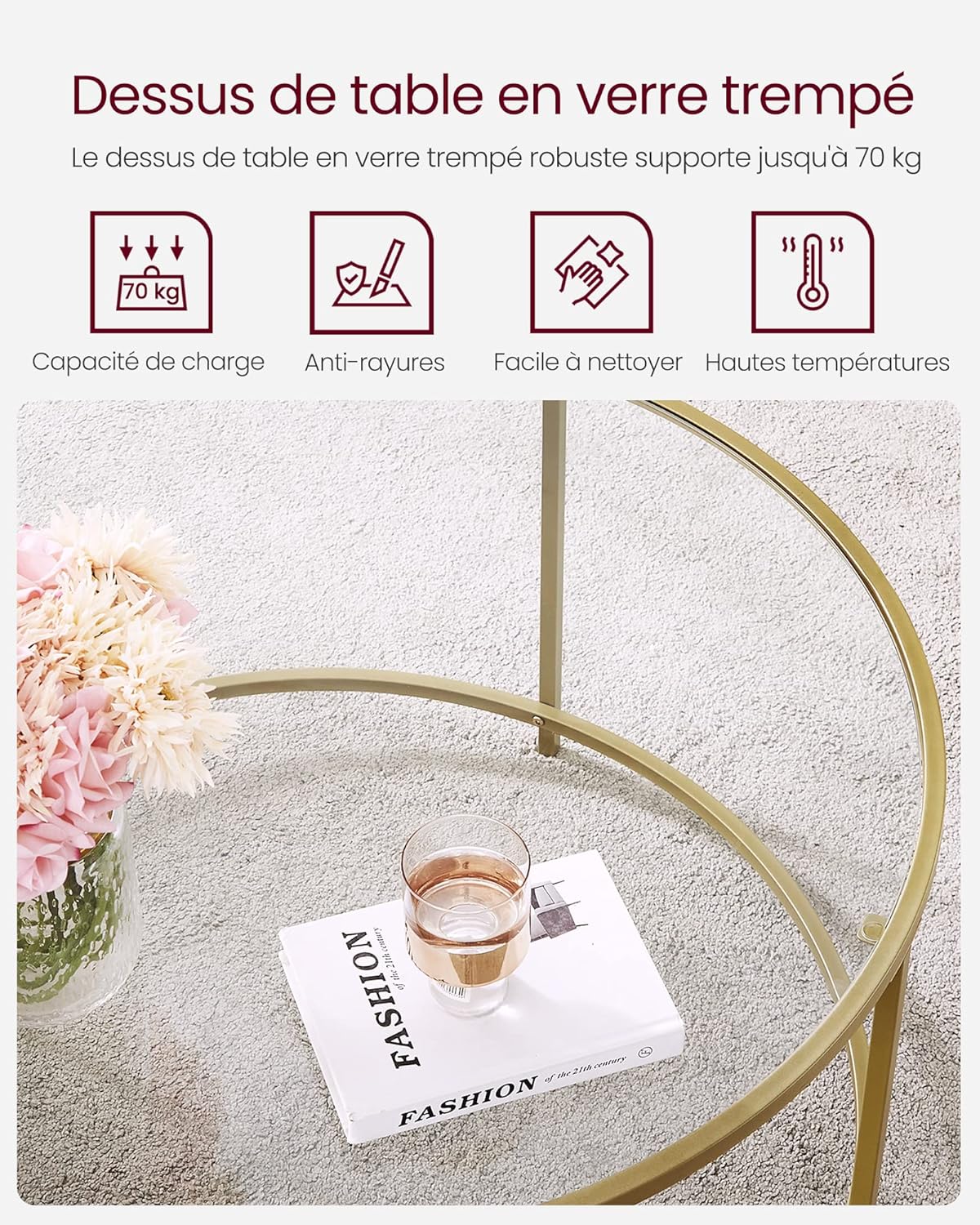 VASAGLE - Table basse ronde dorée verre, cadre AER, 55x55x45 cm, LGT21G