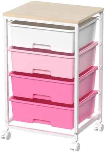 Chariot de rangement 4 tiroirs, plateau bois, roulettes, grande capacité, rose