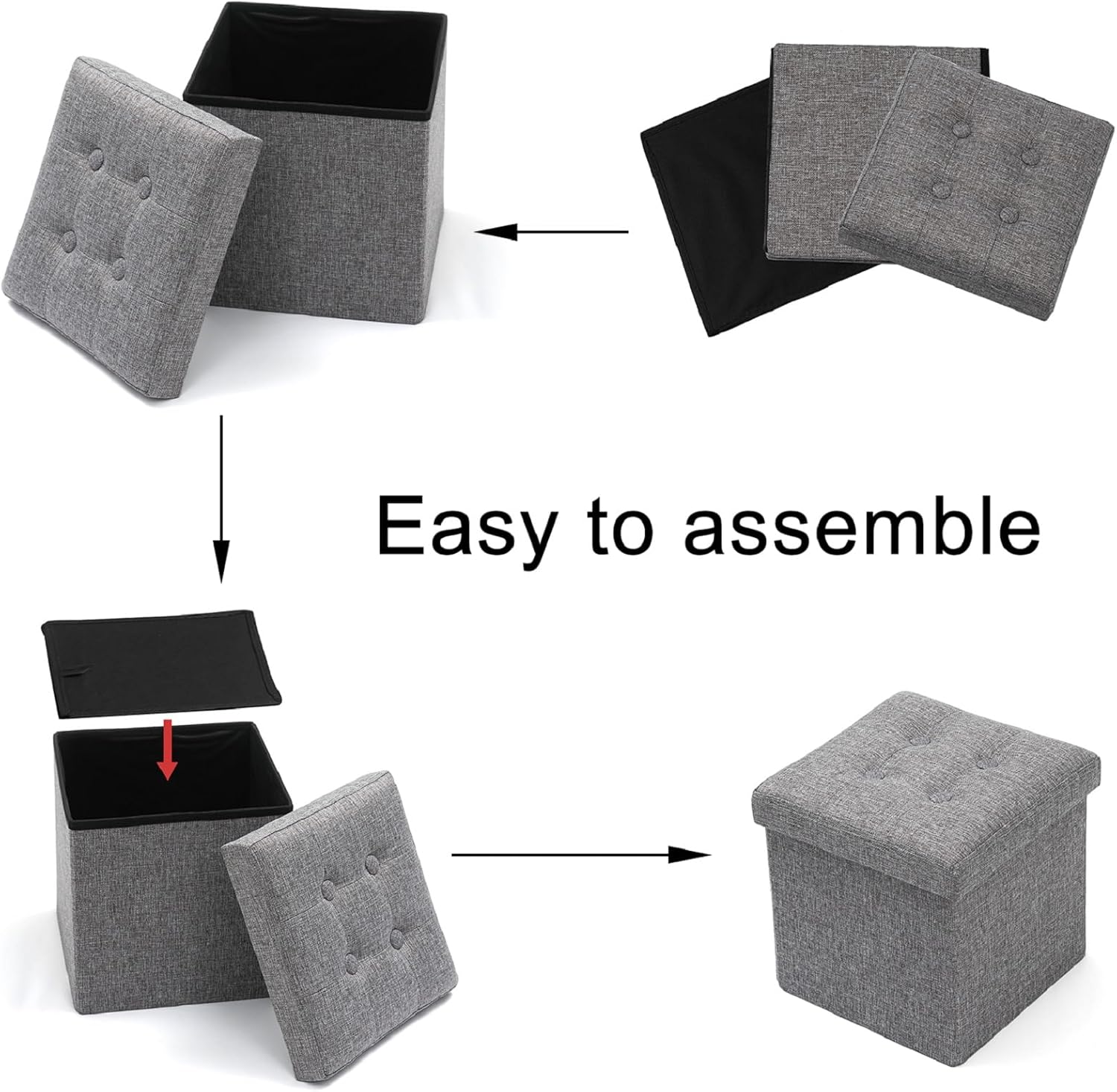 Oak & Tea - pouf coffre pliant 30x30x30cm, rangement, couvercle amovible