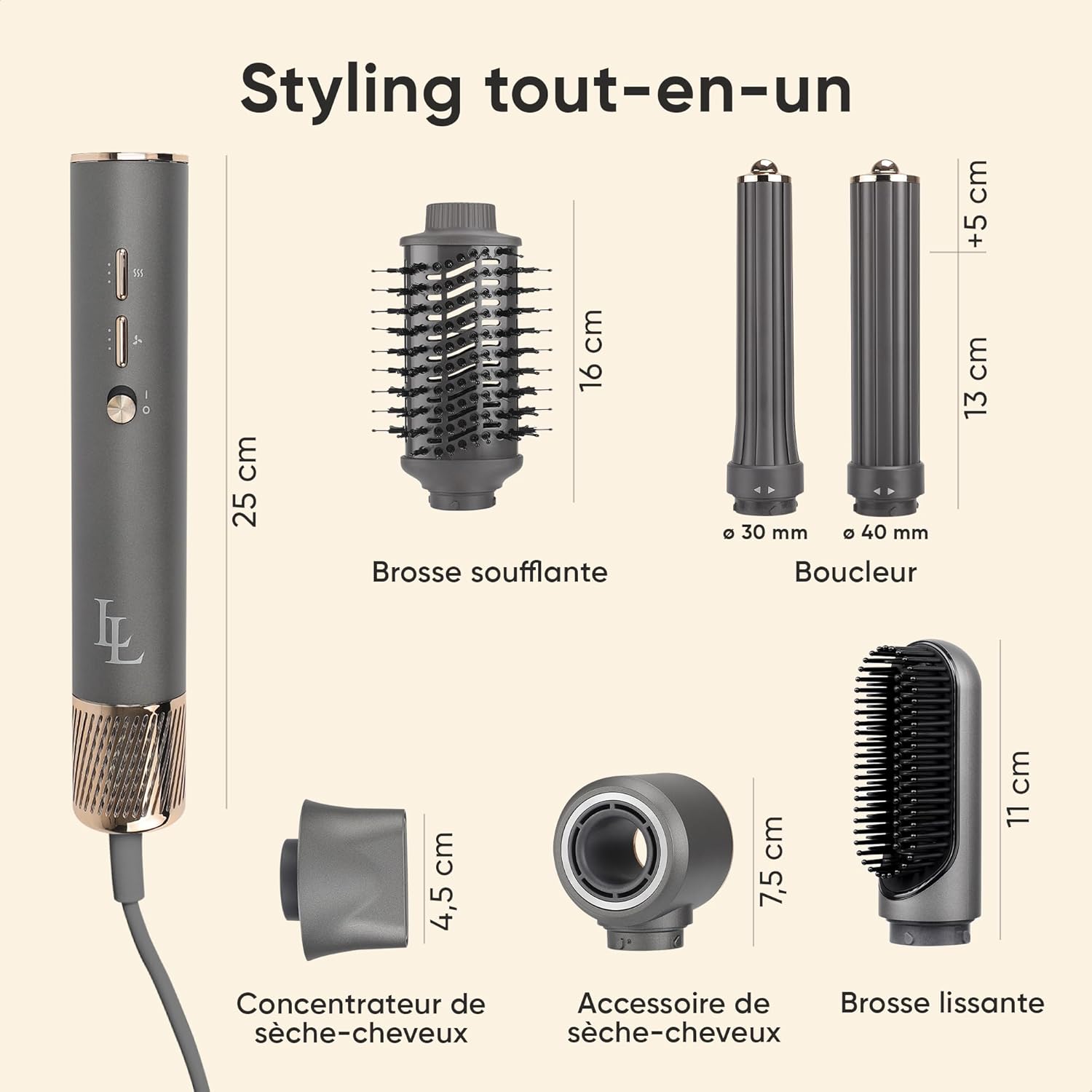 Brosse soufflante - Air Styler luxe - séchage rapide, boucleur, volumateur, lisseur - 135000 RPM