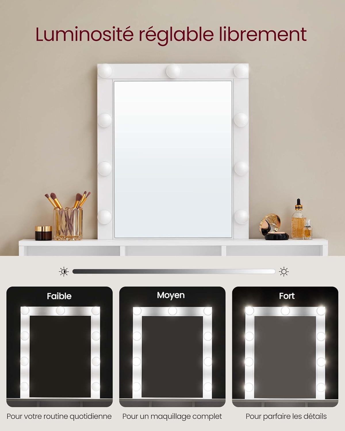 VASAGLE - KAILYN Collection - 100x40x145 cm - coiffeuse LED, 2 tiroirs, blanc RDT164W01