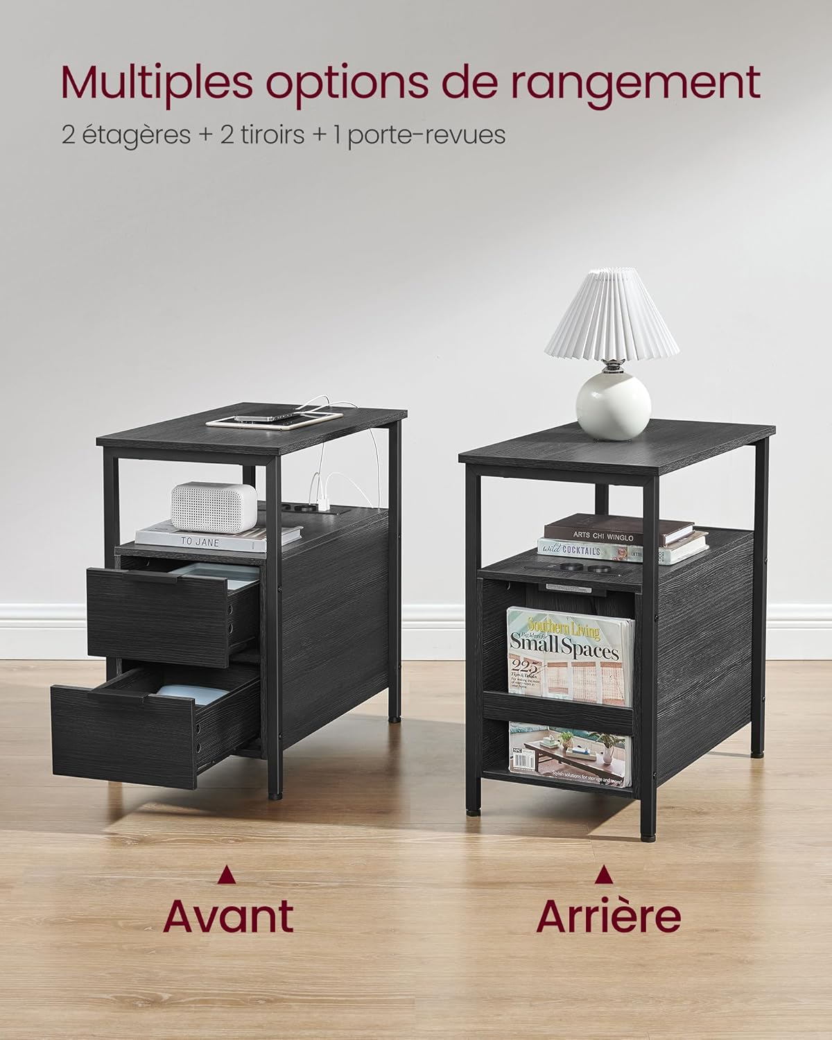 VASAGLE - table d’appoint fine 2 tiroirs, multiprise, gris/noir - LET325B22