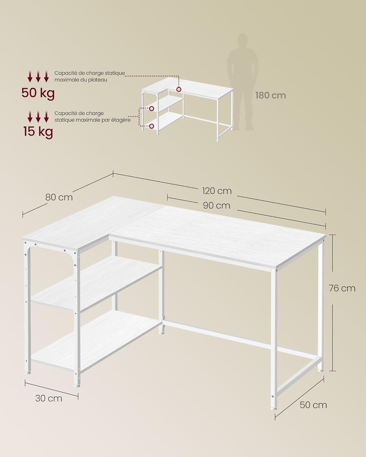VASAGLE - bureau gaming réversible 120x80cm, étagères réglables, LWD136WF01