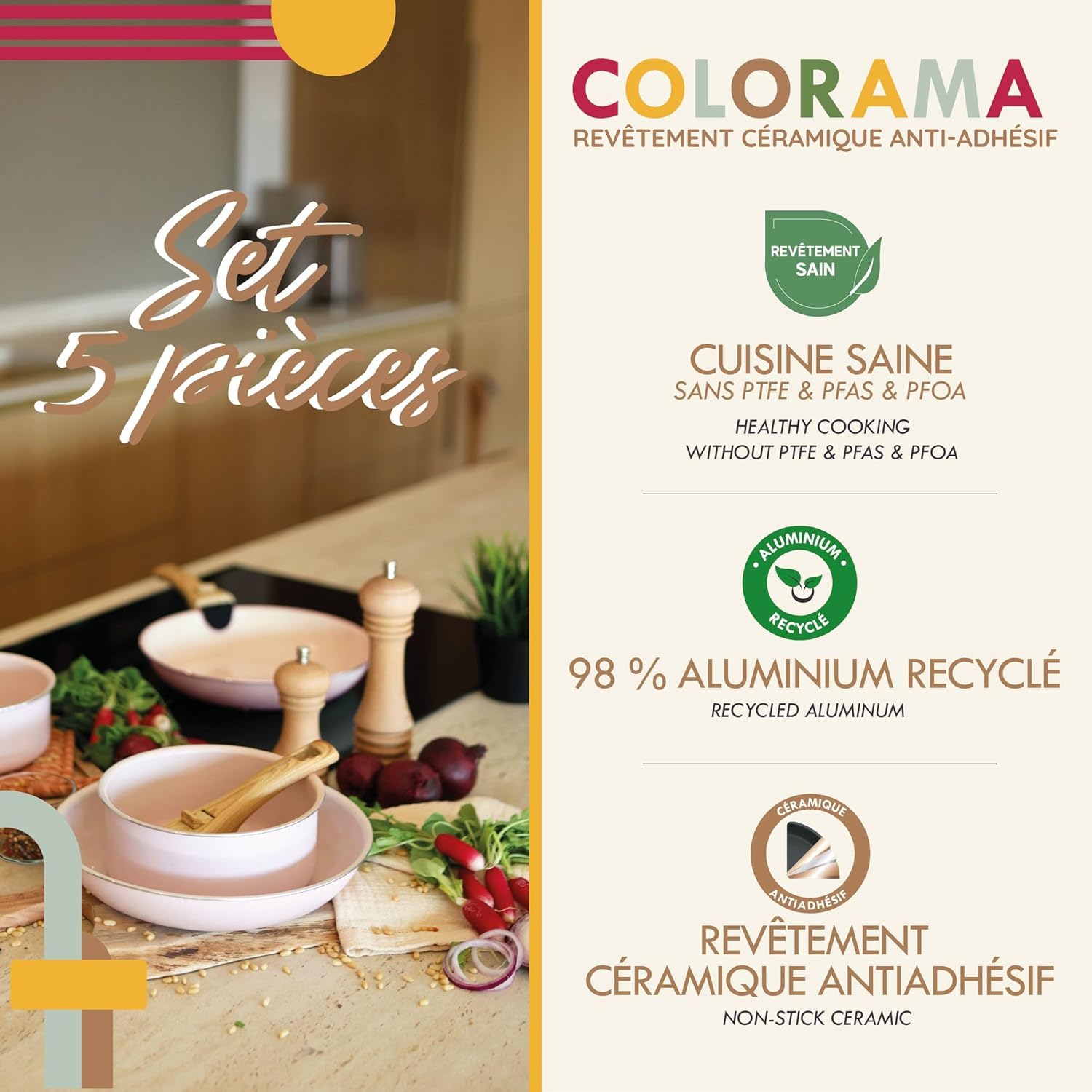 MENASTYL - Colorama batterie cuisine rose - 2 poêles 2 casseroles, céramique induction