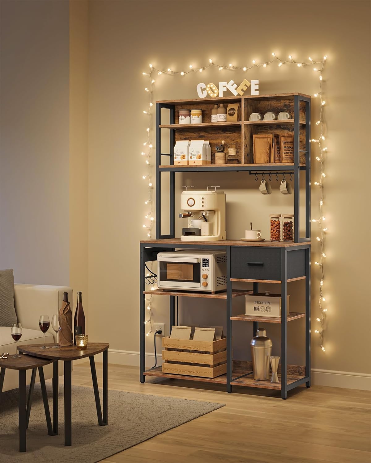 VASAGLE - étagère cuisine série bar café - 40x100x180 cm - multiprise, tiroir tissu, étagères réglables, 12 crochets - K