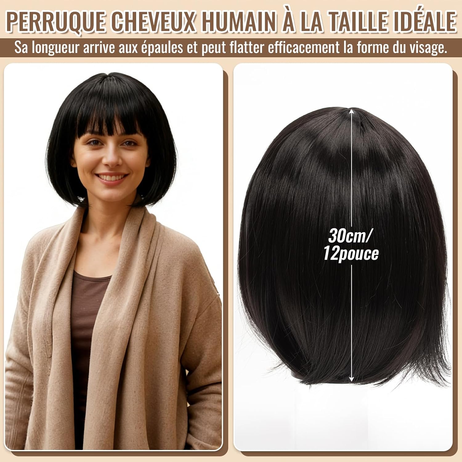 Perruque carré noir femme - 12 pouces - cheveux humains naturels