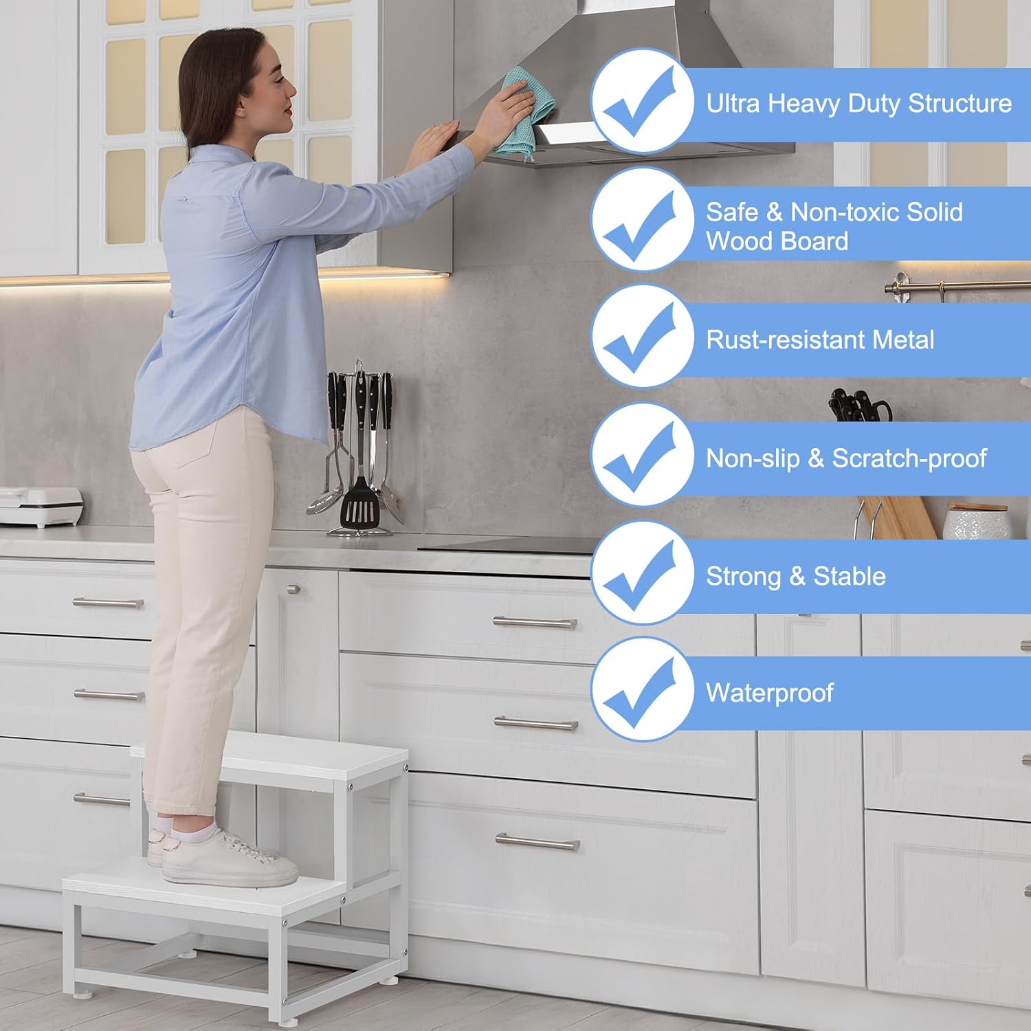 LIANTRAL - tabouret 2 niveaux - acier et bois - charge 200kg, blanc