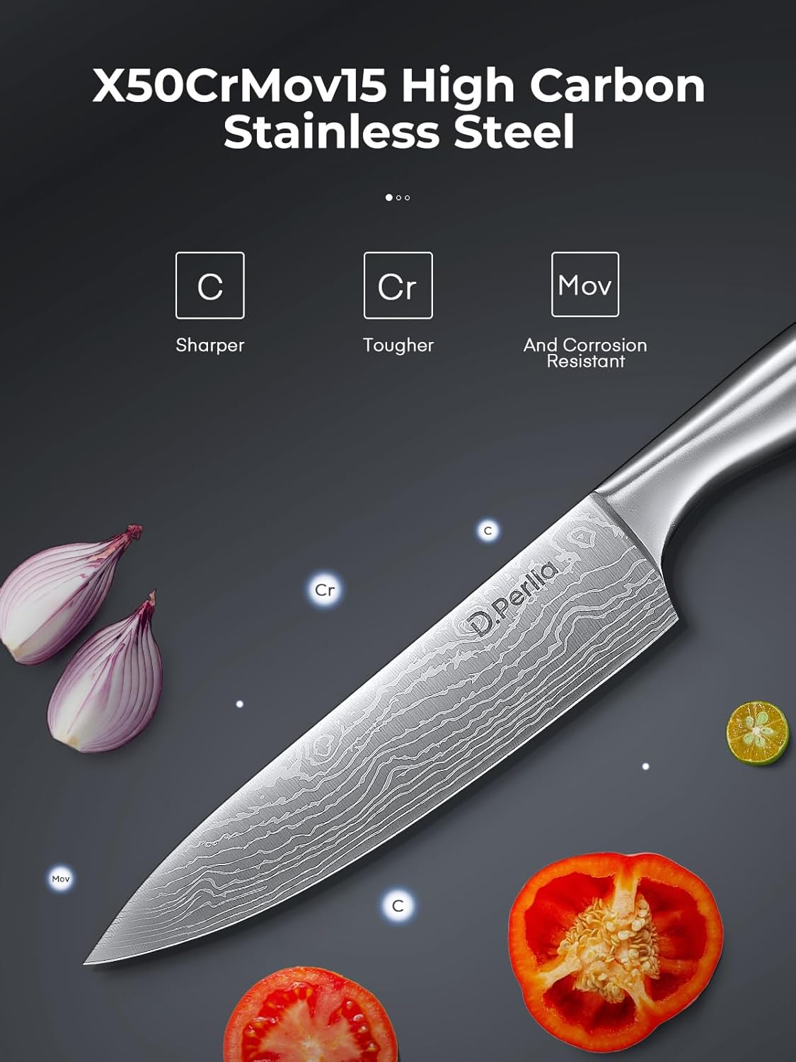 D.Perlla - Set de 15 couteaux pro, inox, bloc auto-affûtant