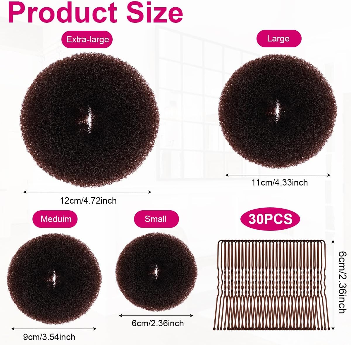 URAQT - chignon machine à pain - 6/8/10/12cm - 4 donuts chignons, 30 épingles