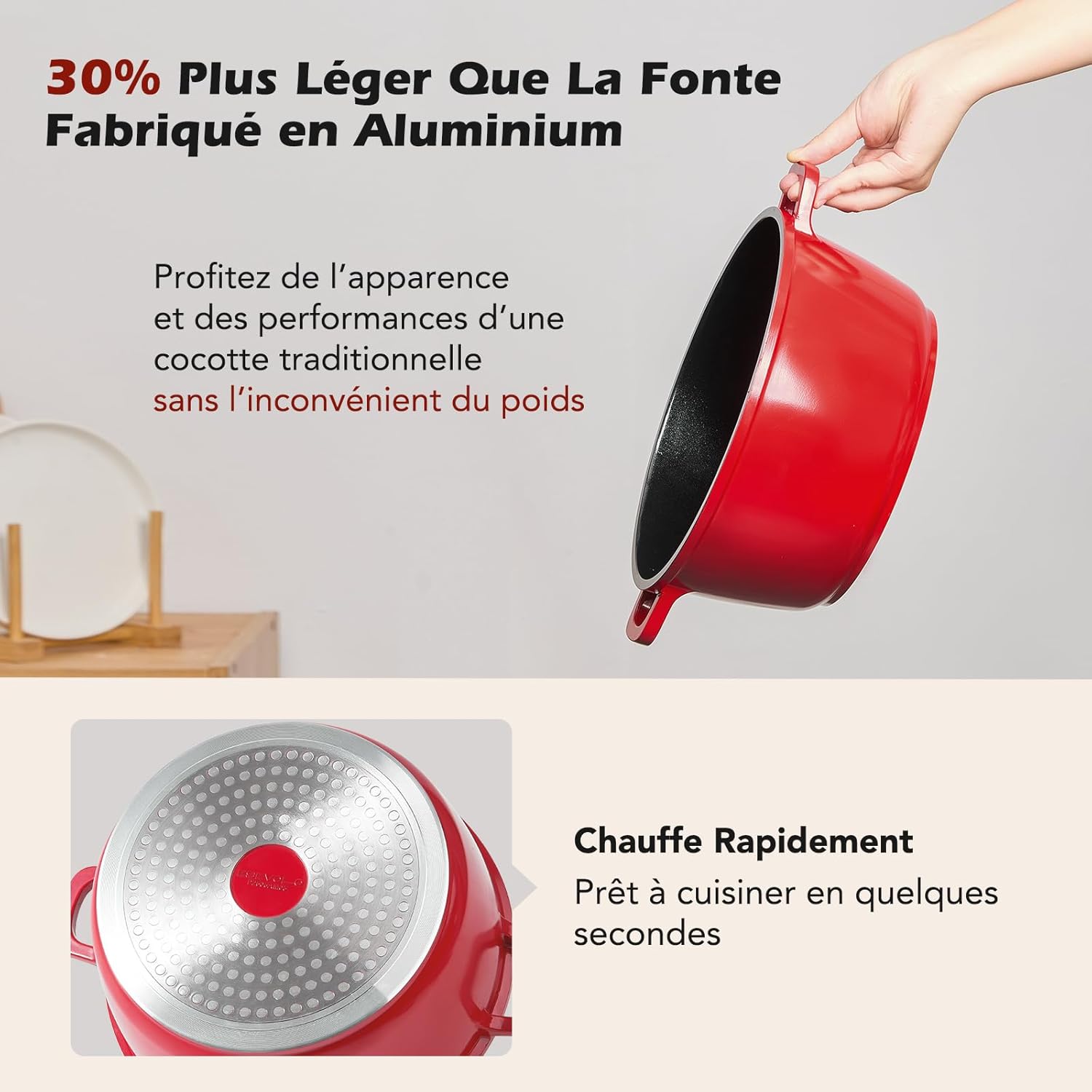 Cocotte fonte ronde 24cm, 4,5L, revêtement céramique, induction