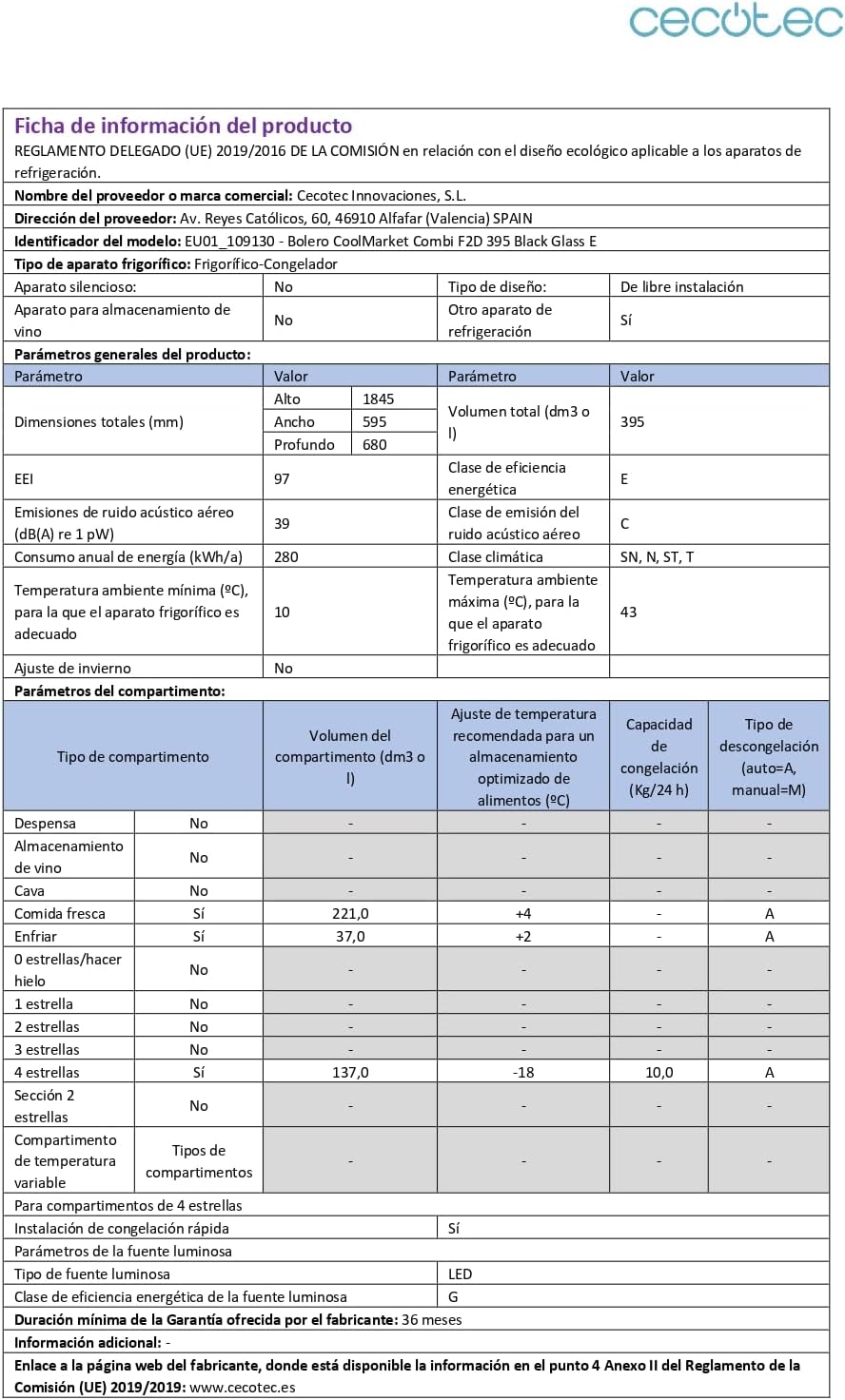 Cecotec - Bolero CoolMarket Combi F2D - 185x59,5cm - 395L, Inverter, No Frost, Black Glass F2D395