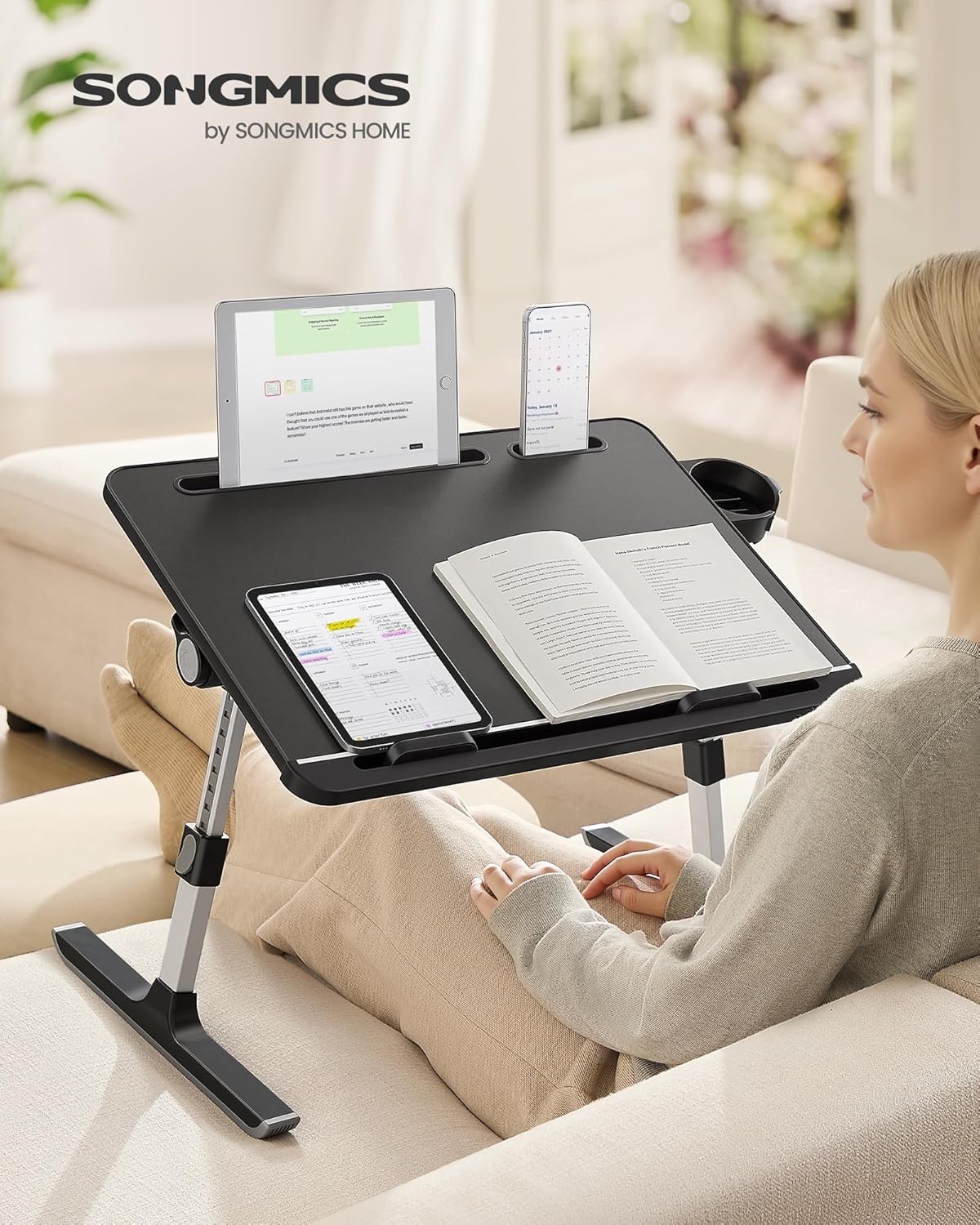 SONGMICS - table de lit pliable 56x40cm, hauteur et inclinaison réglables, porte-gobelet, LLD113BC01