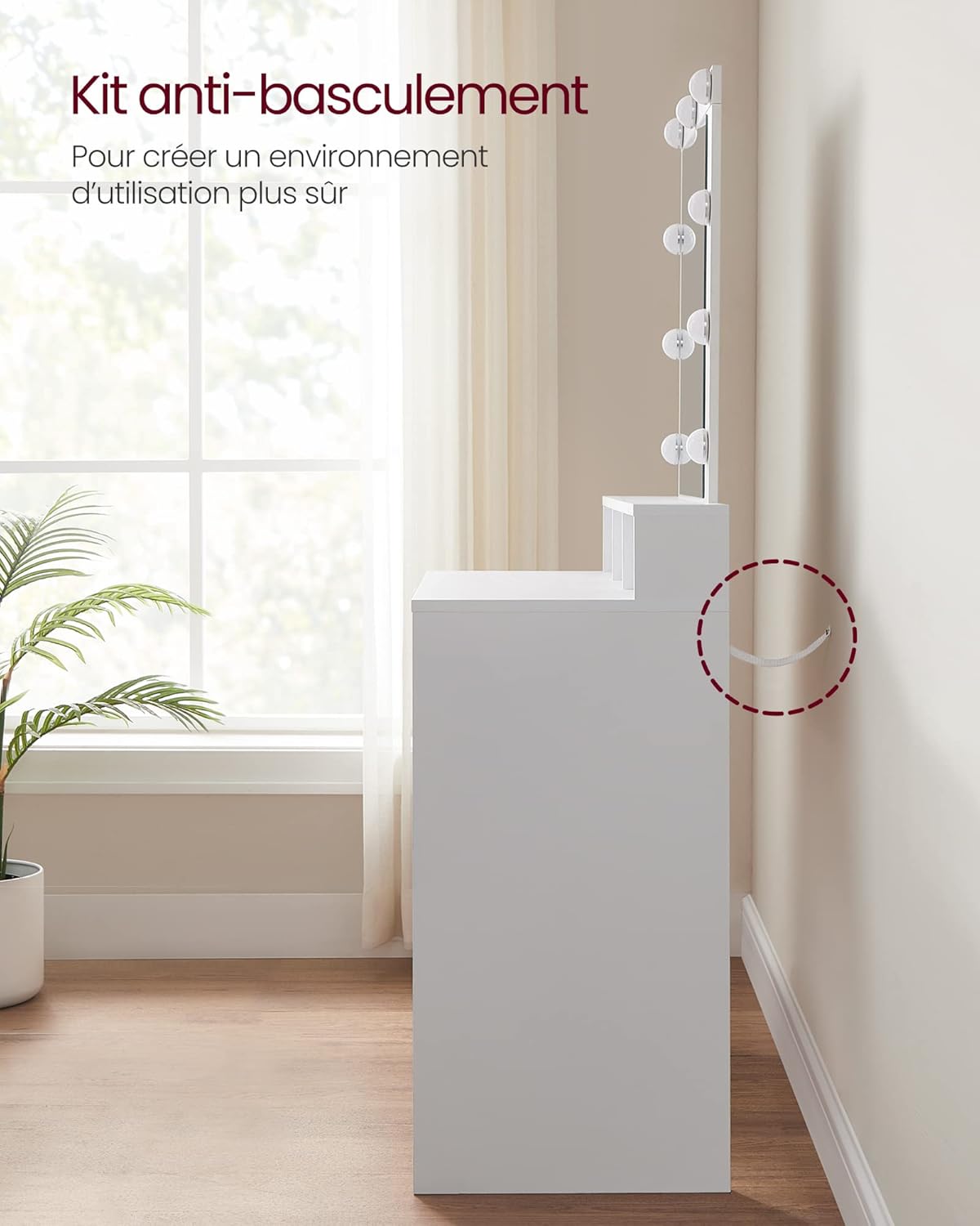 VASAGLE - Kailyn Collection - 80 cm - Coiffeuse miroir lumière, tabouret, rangements, RDT714W01