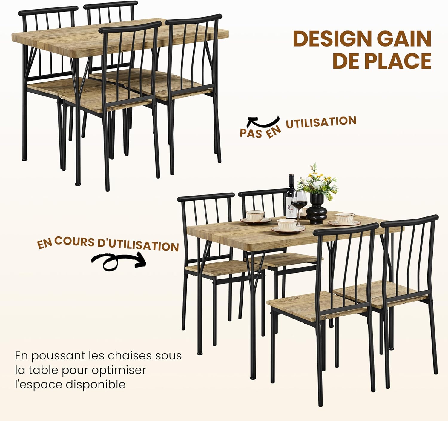 Yaheetech - ensemble salle à manger 4 chaises bois/métal, compact