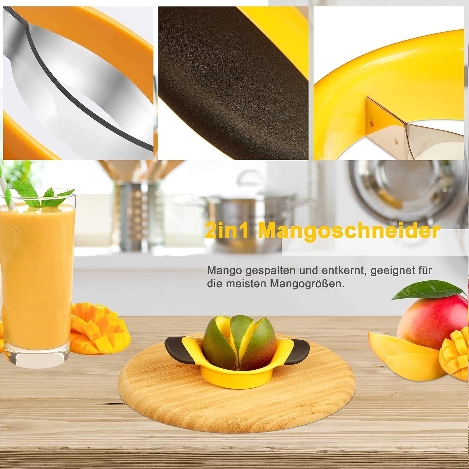 Trancheuse à mangue - acier inoxydable - jaune - coupe et carotte mangues