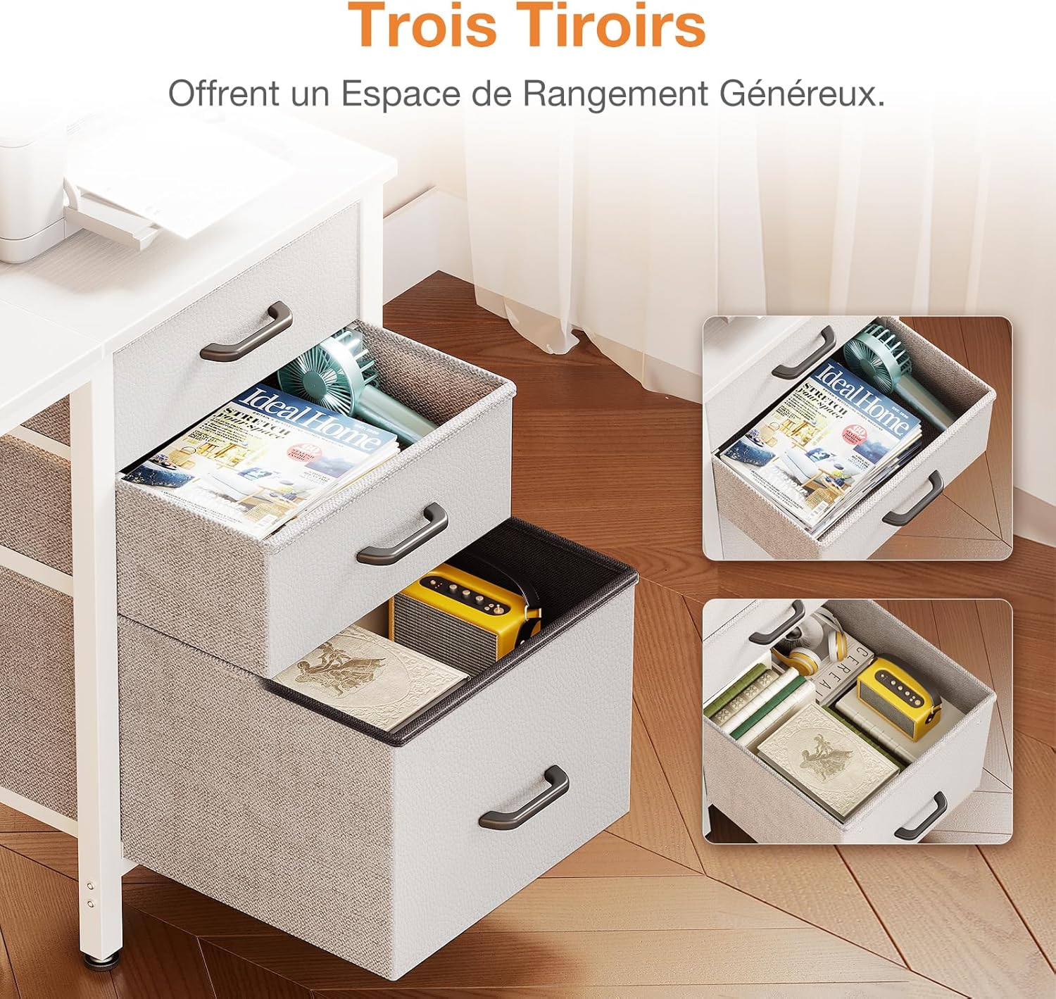 Coleshome - bureau 3 tiroirs tissu, 120x48cm, porte-casque, blanc