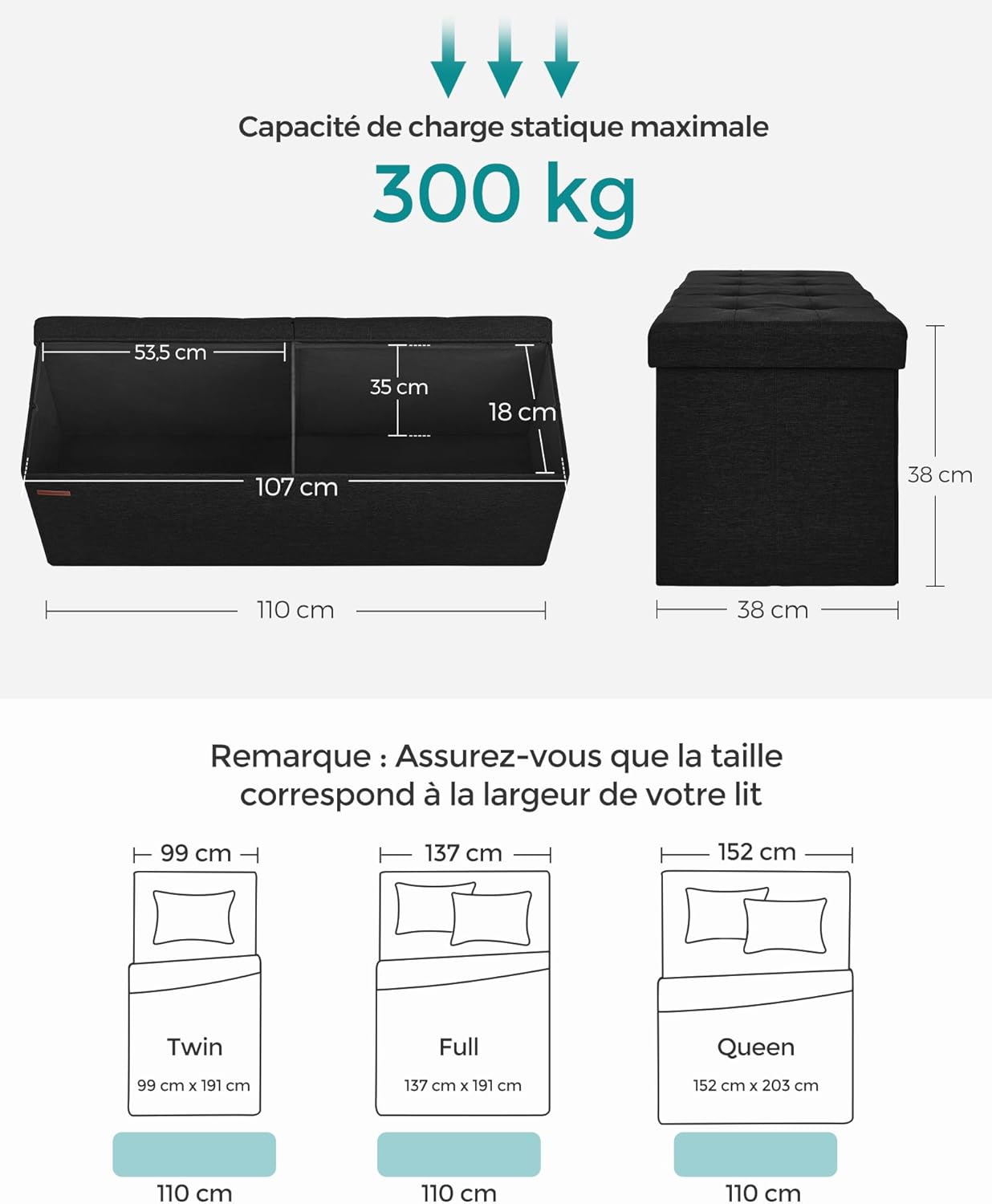SONGMICS - banc de rangement pliable - 38x110x38 cm - coffre 300kg Noir LSF077B01