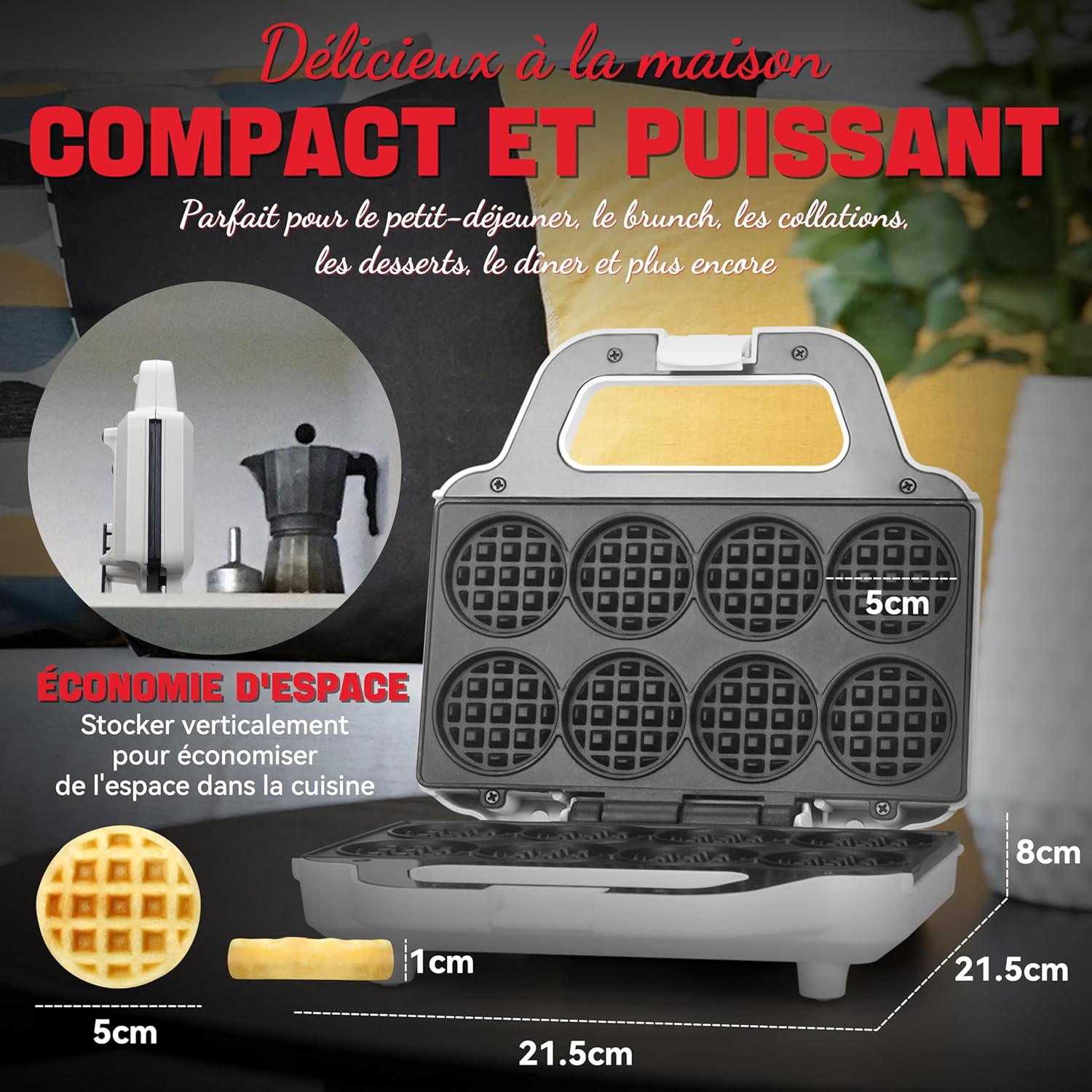 Mini gaufrier - 8x5cm - compact, antiadhésif, facile à utiliser, blanc