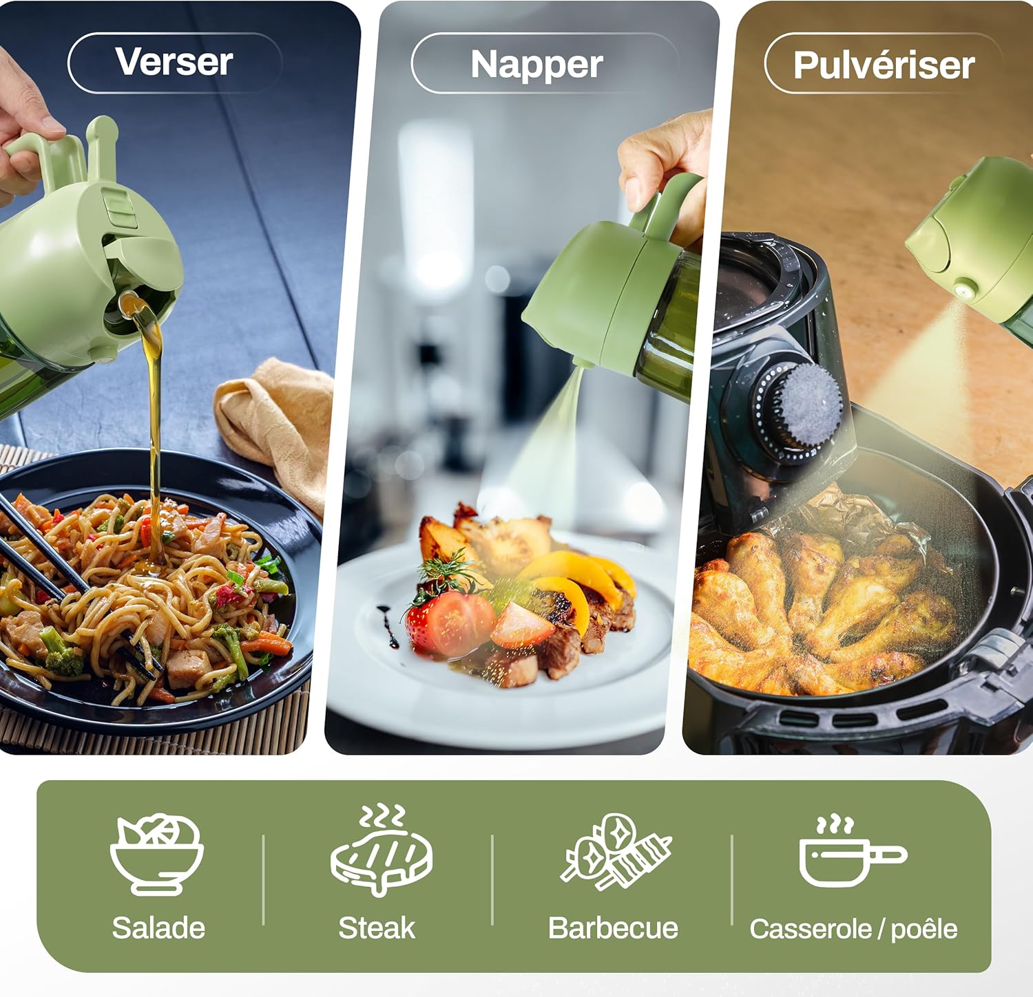 PORTENTUM - Spray huile cuisine 2en1, 470ml, verre vert, étiquettes multilingues