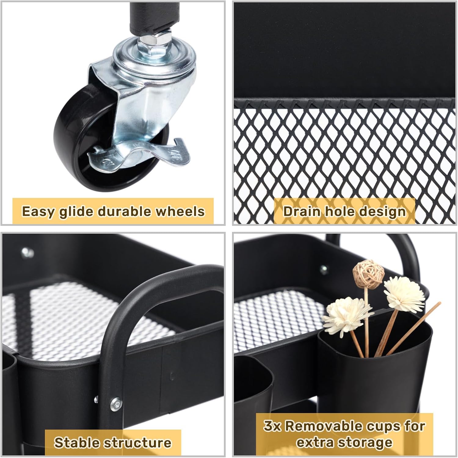 DOEWORKS - Chariot de rangement 3 niveaux, métal, roulettes, noir, avec tasses