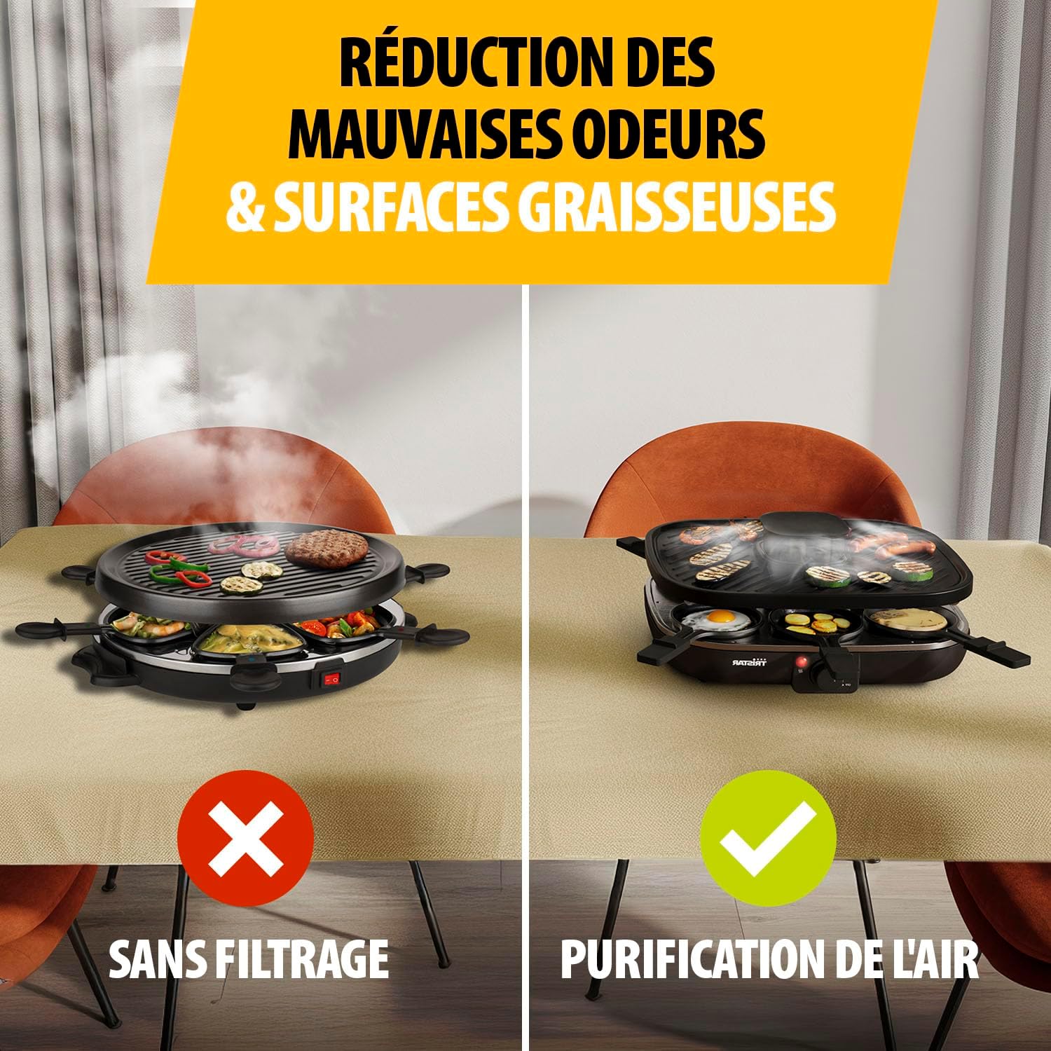 Tristar - Raclette 6 personnes - 1100W, filtration air, sans odeurs, antiadhésif, RA-2760