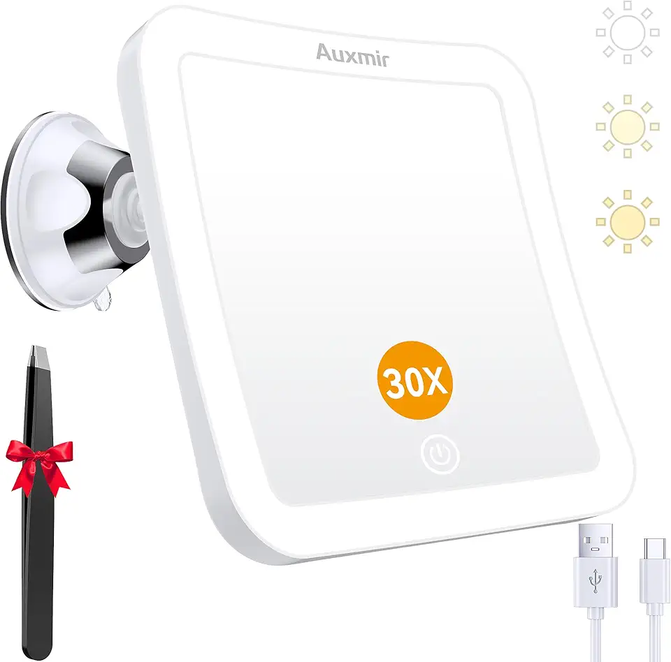 Auxmir - Miroir 30X rechargeable, LED, tactile, ventouse 360°