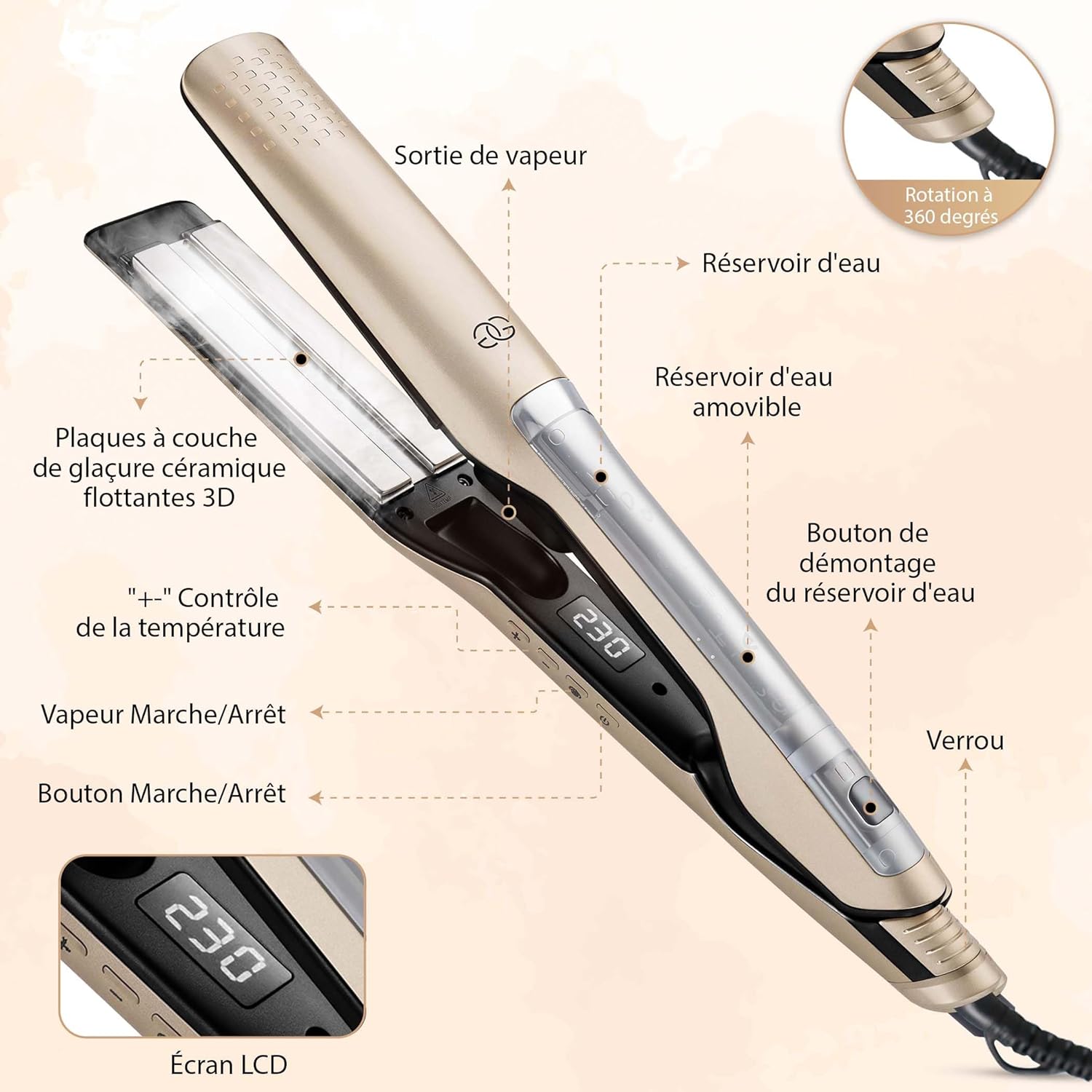 Golden Goods - Steampod Pro - lisseur vapeur, 10 températures, céramique, ionique, cheveux tous types