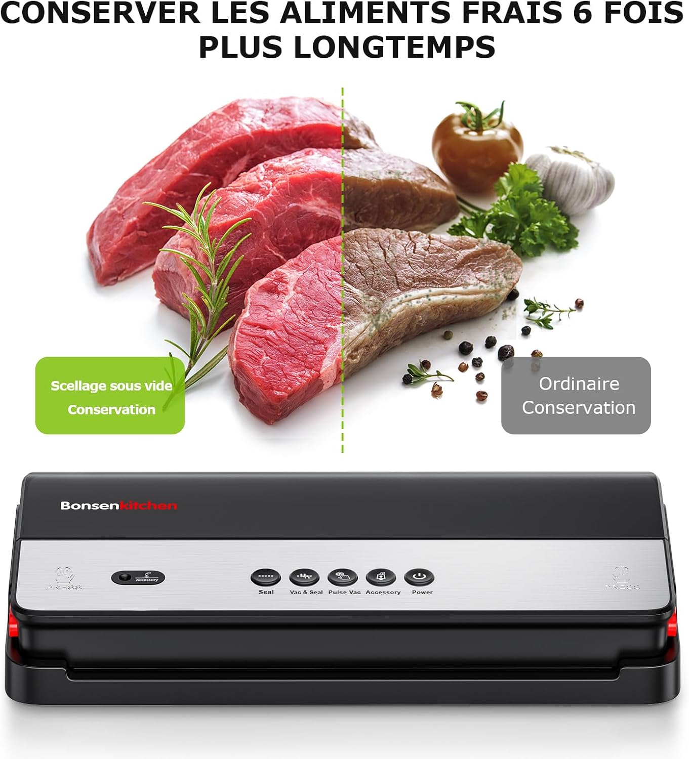 Bonsenkitchen - machine sous vide - cutter intégré, sacs inclus, pour aliments secs et humides