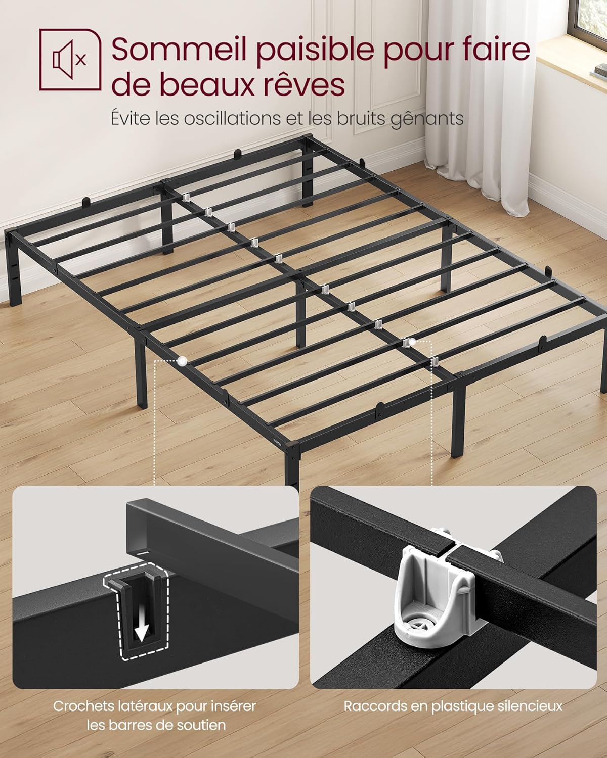 VASAGLE - cadre de lit 140x190 cm - métal, rangement, montage facile - RMB133B01