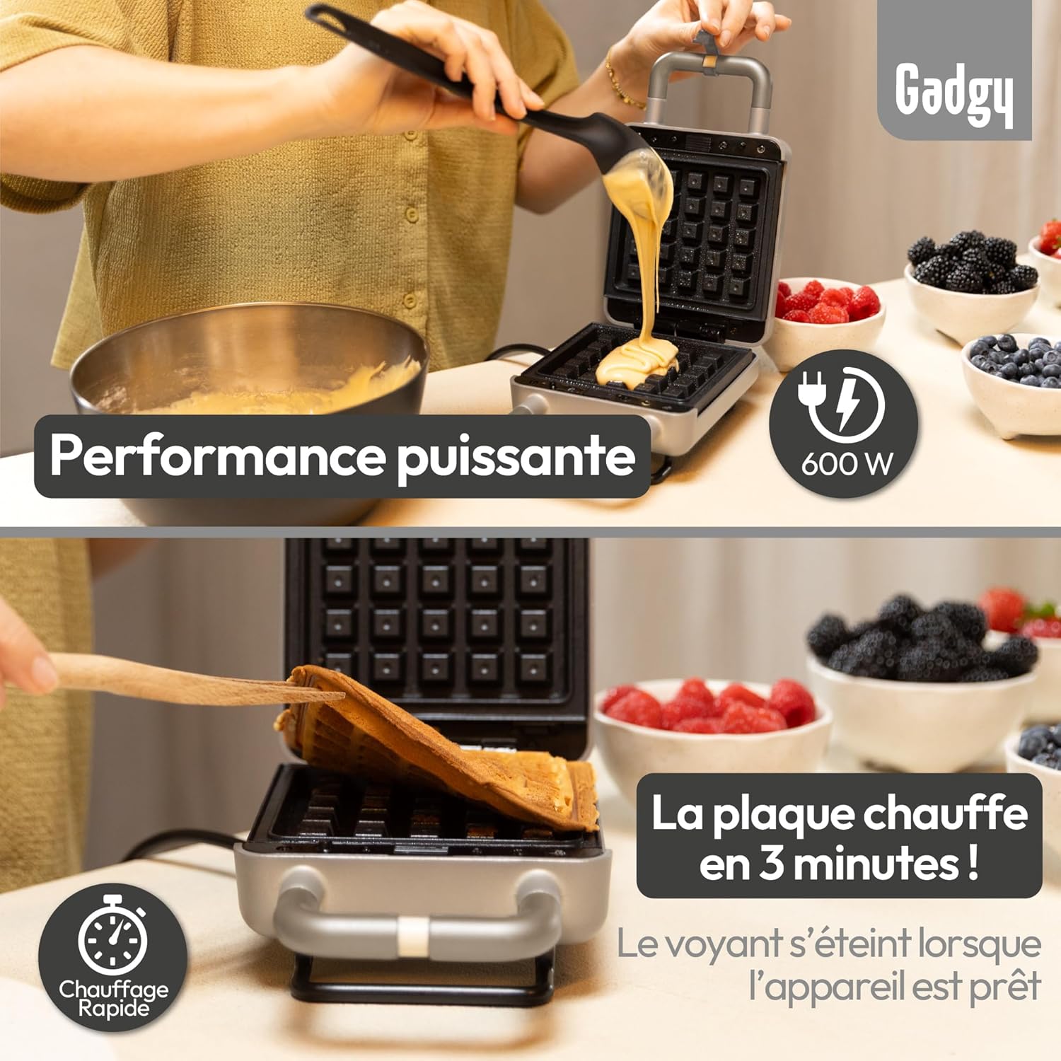 Gadgy - 2 en 1 Gaufrier Croque-Monsieur - compact - plaques antiadhésives, thermostat, rangement vertical