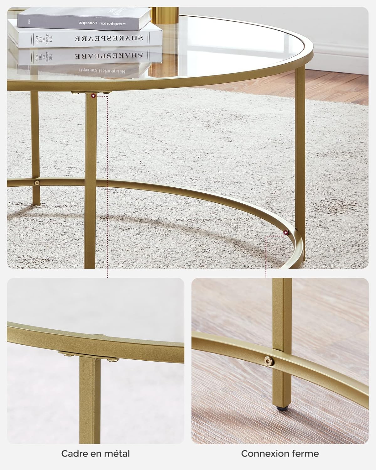 VASAGLE - Table basse ronde dorée verre, cadre AER, 55x55x45 cm, LGT21G