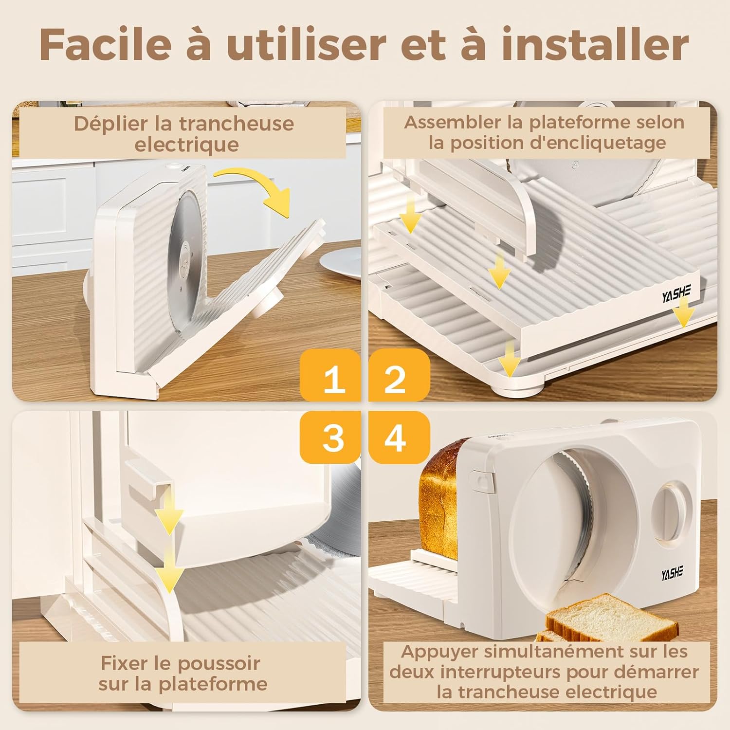 YASHE - trancheuse électrique pliable 17cm, 180W, épaisseur réglable, facile à nettoyer