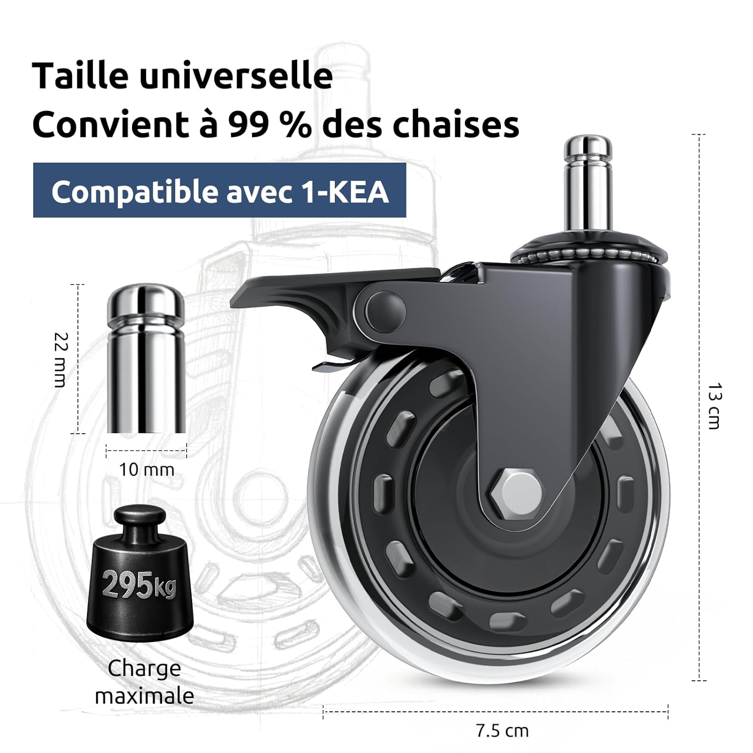 COSYLAND - roulettes bureau set 5 - 10x22 mm - frein sols durs/moquette 1-KEA