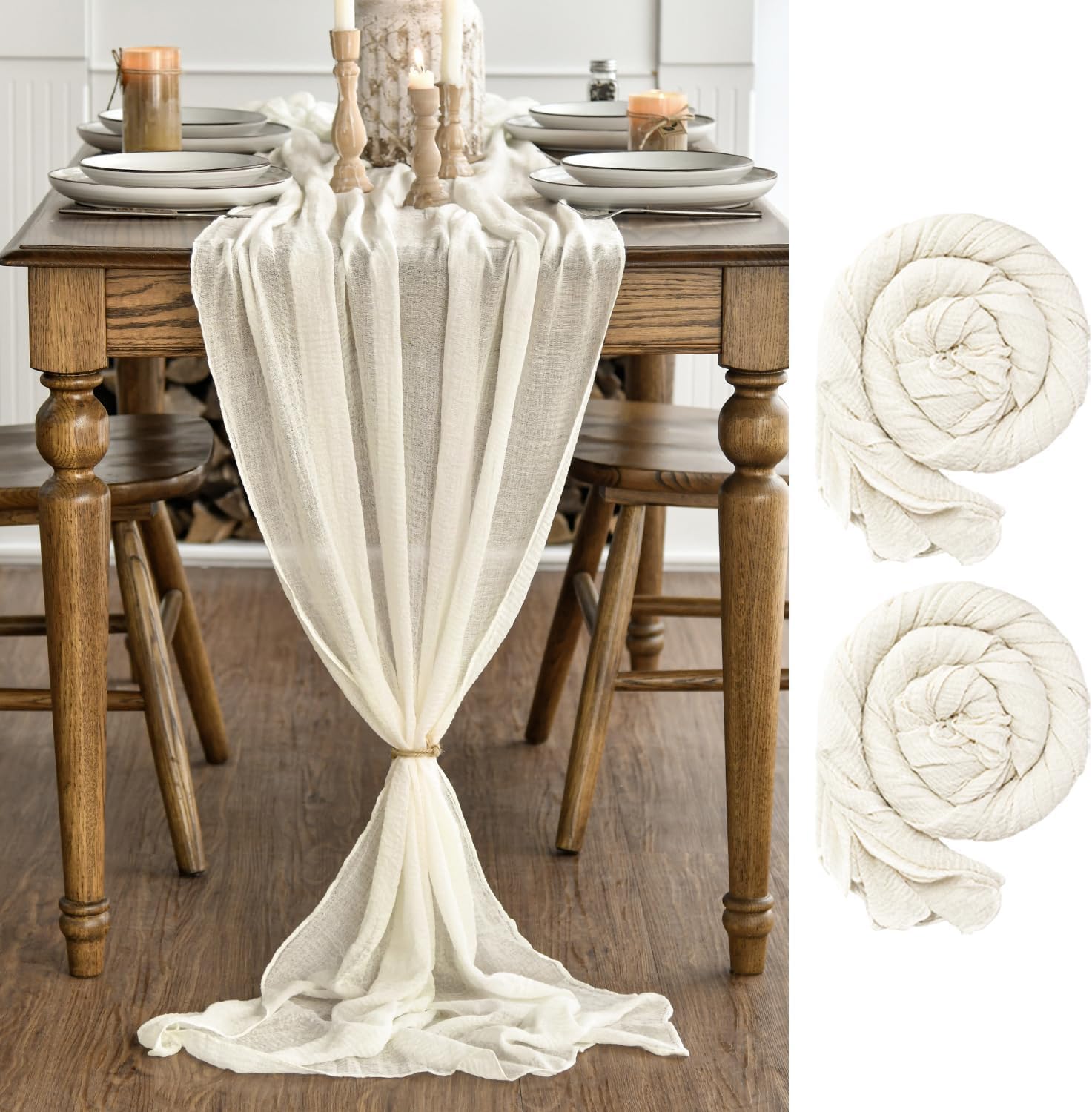 Artoid Mode – Lot de 2 chemins de table – 300 cm – gaze mousseline beige, décoration bohême