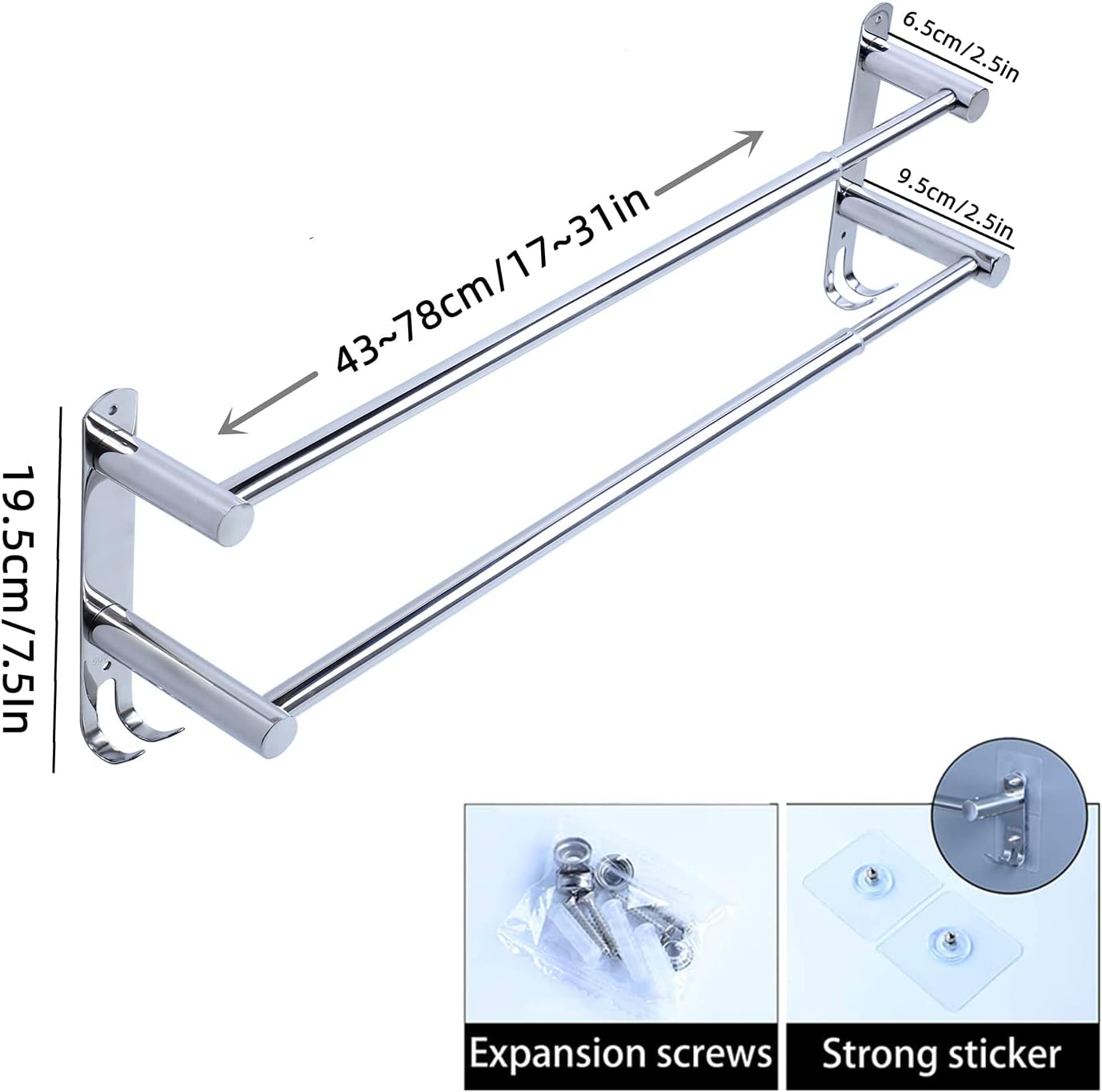 Porte-serviettes salle de bain 2 niveaux, inox, rétractable, mural, argent