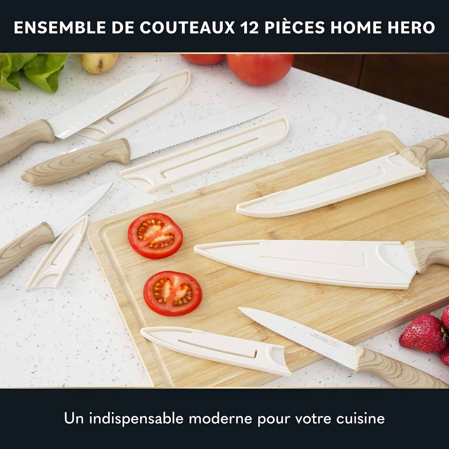 Home Hero - Bloc de couteaux 12 pièces crème - inox carbone, poignées ergonomiques