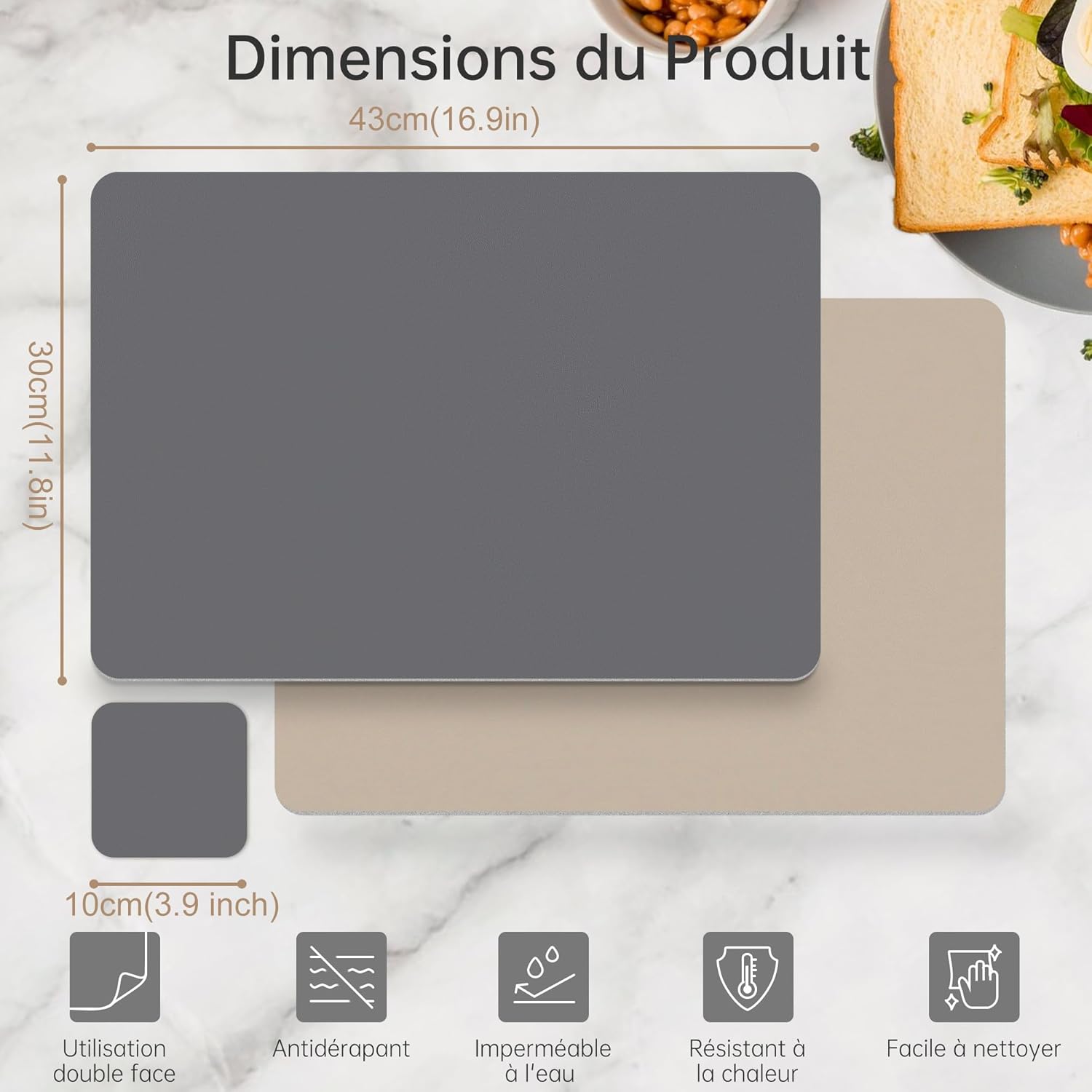 KitchenBoss - Set de Table Double Face - 43x30cm - Lavable, antidérapant, résistant à la chaleur